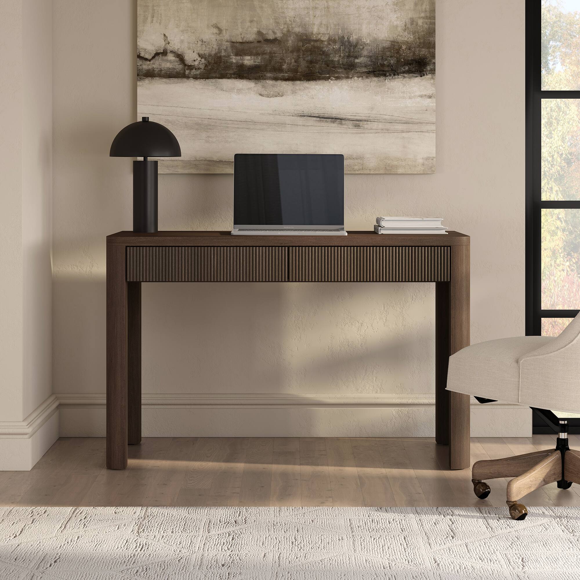 Angle. Hudson&Canal - Palmera 47.5" Wide Rectangular Fluted Desk in Brown Oak - Brown.