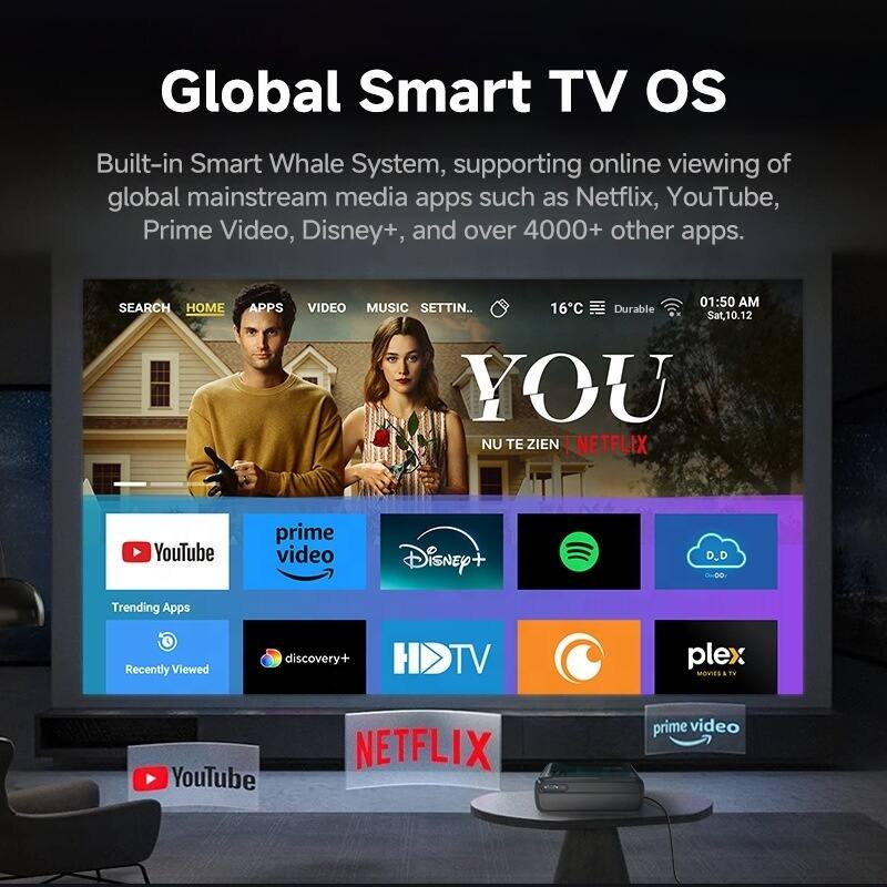 Global Smart TV OS

Built-in Smart Whale System, supporting online viewing of global mainstream media apps such as Netflix, YouTube, Prime Video, Disney+, and over 4000+ other apps.

SEARCH HOME APPS VIDEO MUSIC SETTING

16°C Durable Sat, 10.12 01:50 AM

YOU NU TE ZIEN NETFLIX YouTube prime video Disney+ D_D 000 Trending Apps Recently Viewed discovery+ TV plex MOVIES Tu YouTube NETFLIX prime video
