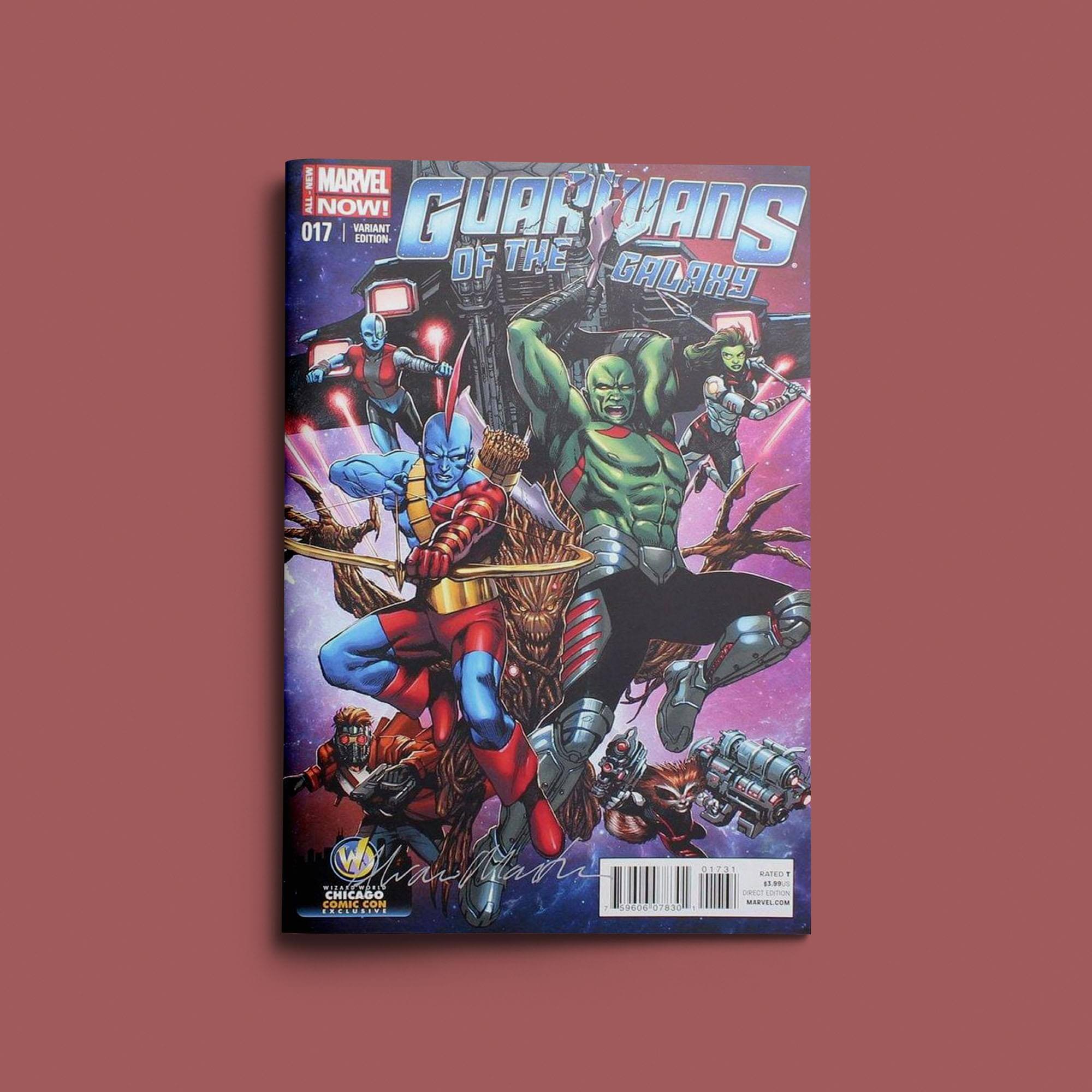 Sure, here is the corrected and grouped text from the image:

---

**MARVEL NOW!**  
**GUARDIANS OF THE GALAXY**  
**017**  
**VARIANT EDITION**

**GUARDIANS OF THE GALAXY**

**CHICAGO COMIC CON**  
**MARVEL.COM**

**RATED T**  
**MARVEL.COM**

**07.31**

**00000079301**

**MARVEL.COM**

---

This text includes the title, issue number, edition type, event, website, rating, and barcode information from the comic book cover.