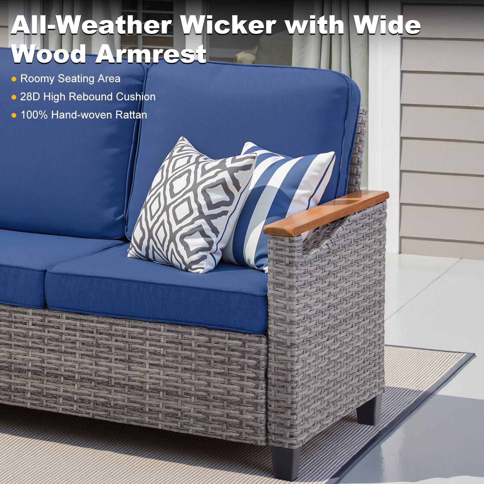All-Weather Wicker with Wide Wood Armrest

- Roomy Seating Area
- 28D High Rebound Cushion
- 100% Hand-woven Rattan