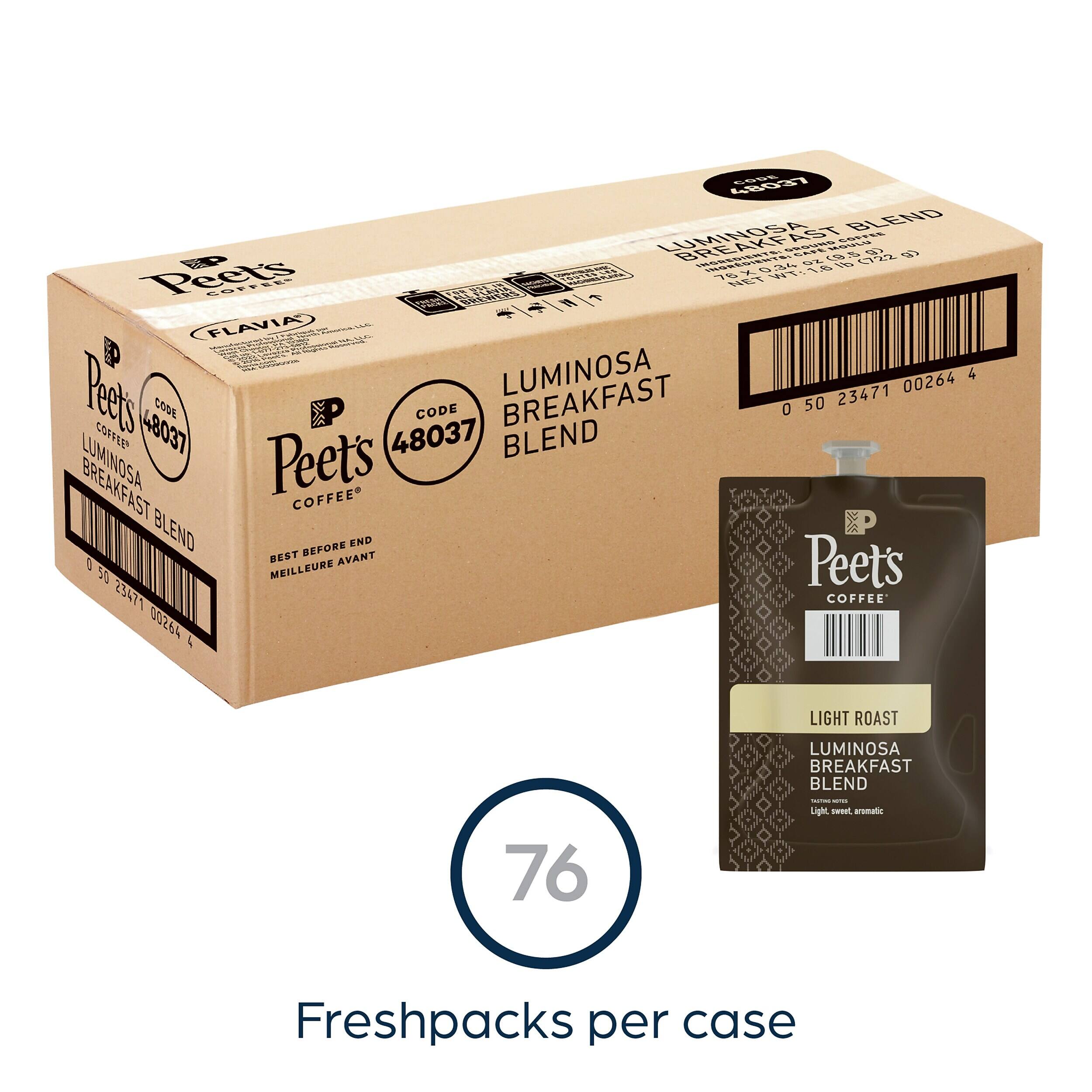 4SO37 - LUMINOSA. AST BLEND AKF SSTE BREAKF sv AESRN  
~ 51 52 ER W U 0 G W115 i Peets SRLA 30 NET TTE FLAVIAS |~ Peets LUMINOSA 23471 00264 4 CODE CODE BREAKFAST O 50 COFFER 48037 48037 BLEND LUMINOSA Peets COFFEE BLEND SEFORE END BEST AVANT Peet's 0 MEILLEURE 58 23471 COFFEE 00264 8 LIGHT ROAST 76 LUMINOSA BREAKFAST BLEND  
76 Freshpacks per case
