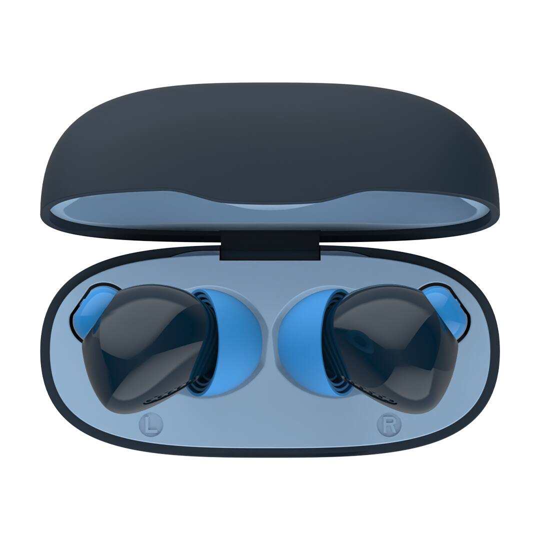 Angle. myFirst - CareBuds -  Kids Wireless Earbuds with 85dB Volume Limit, Built-in Mic, 6 Ear Tips - Space Blue.