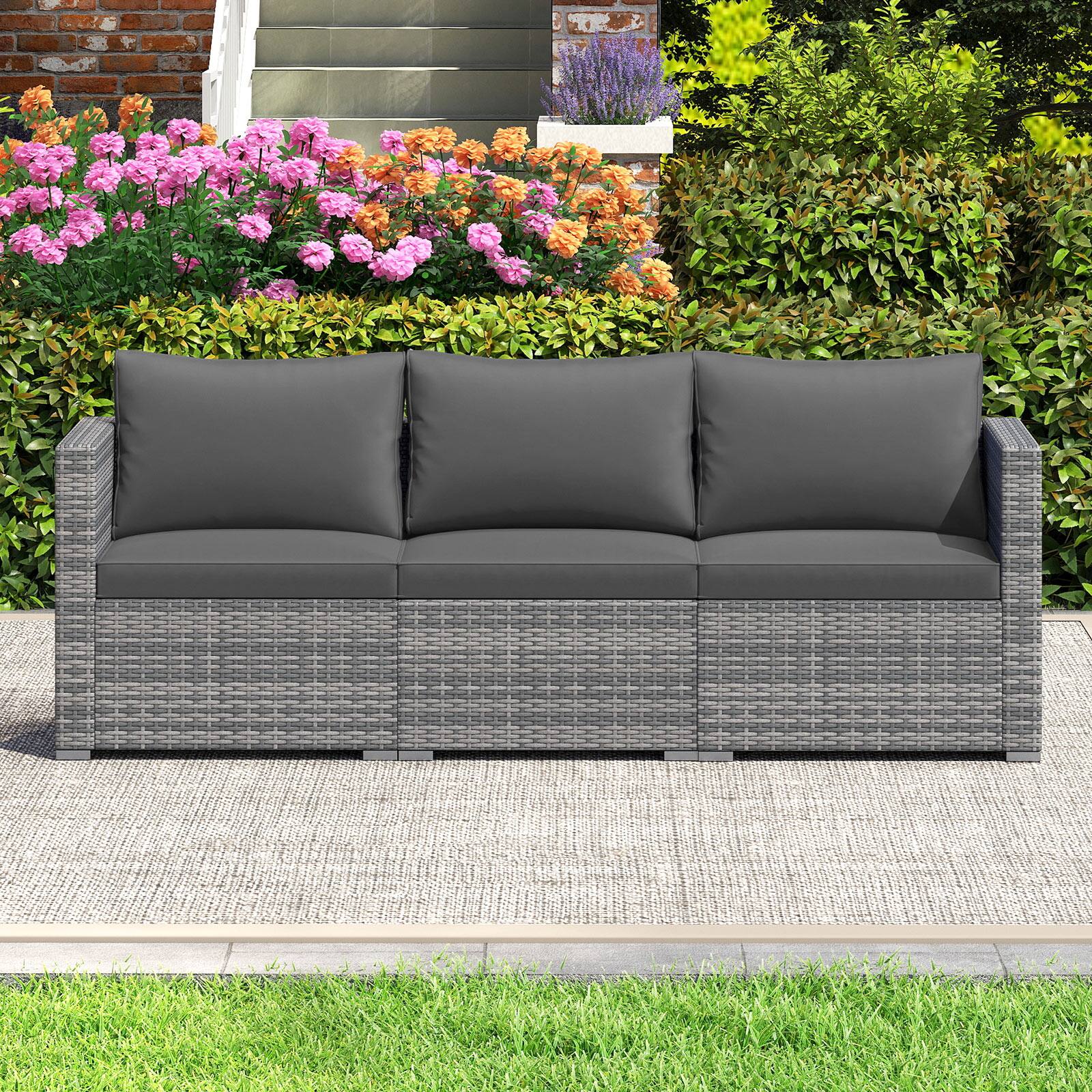 Alt View 3. Gymax - Gymax Set of 3 Patio Sectional Sofa Set PE Rattan Modular Couch Furniture Set w/Cushions Grey - Gray.