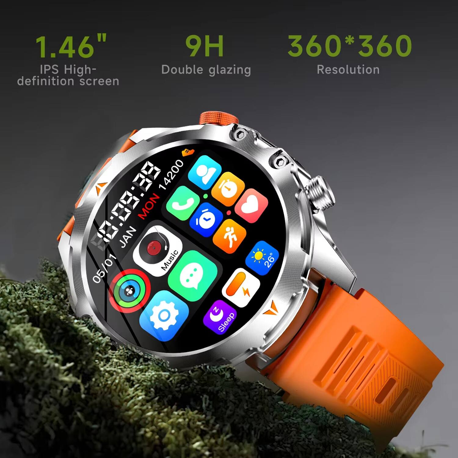 1.46" IPS High-definition screen  
9H Double glazing  
360*360 Resolution  
14200  
1:08:38  
JAN MON 05/01  
Music 26  
4 N Sleep
