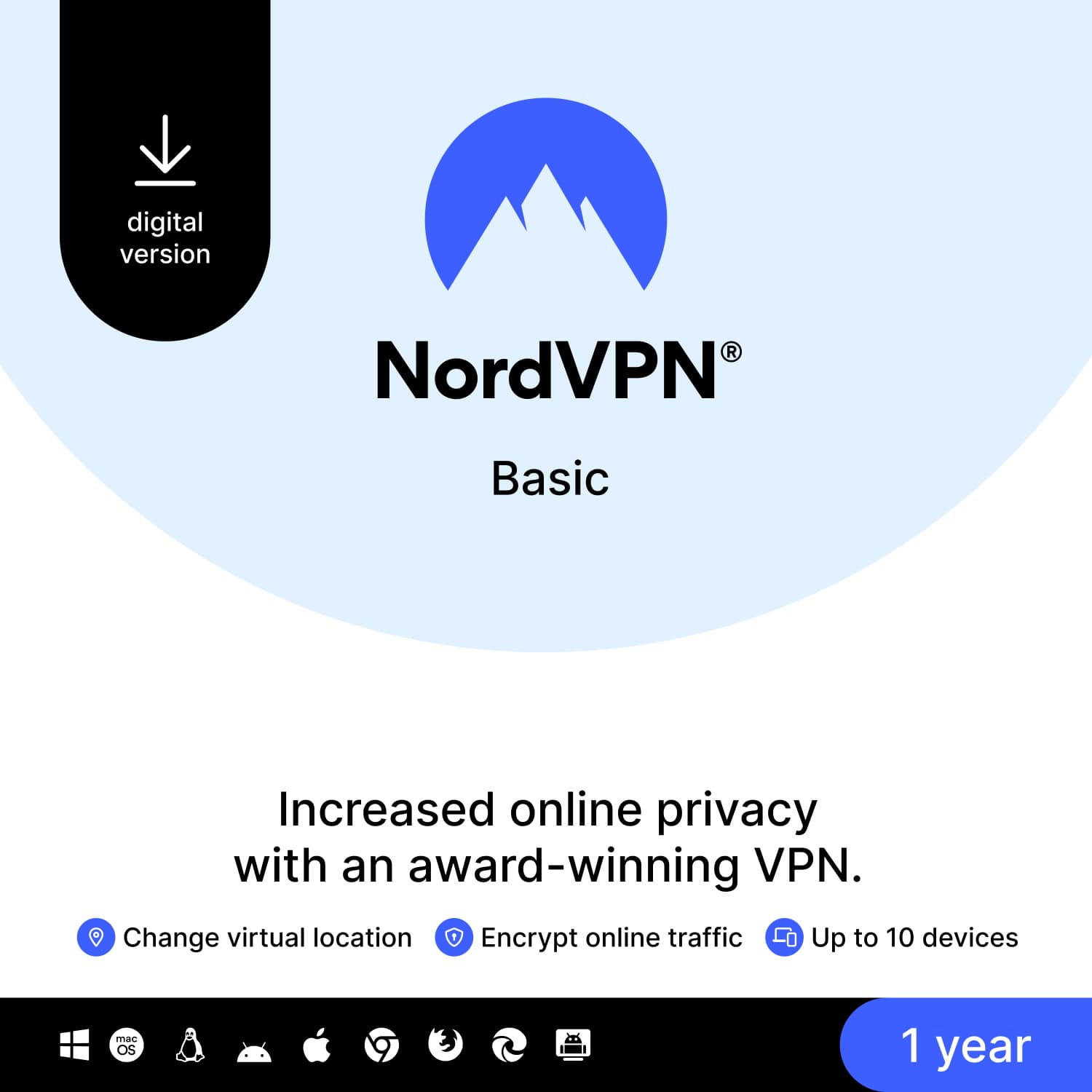 NordVPN - Basic Premium VPN Services  (10 Devices) (1-Year Subscription) - Android, Apple iOS, Linux, Mac OS, Windows [Digital]