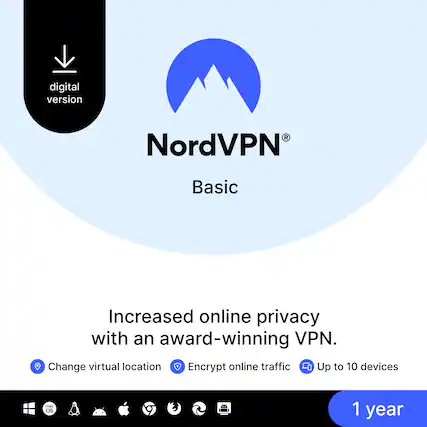 digital version
NordVPN Basic
Increased online privacy with an award-winning VPN.
Change virtual location
Encrypt online traffic
Up to 10 devices
1 year