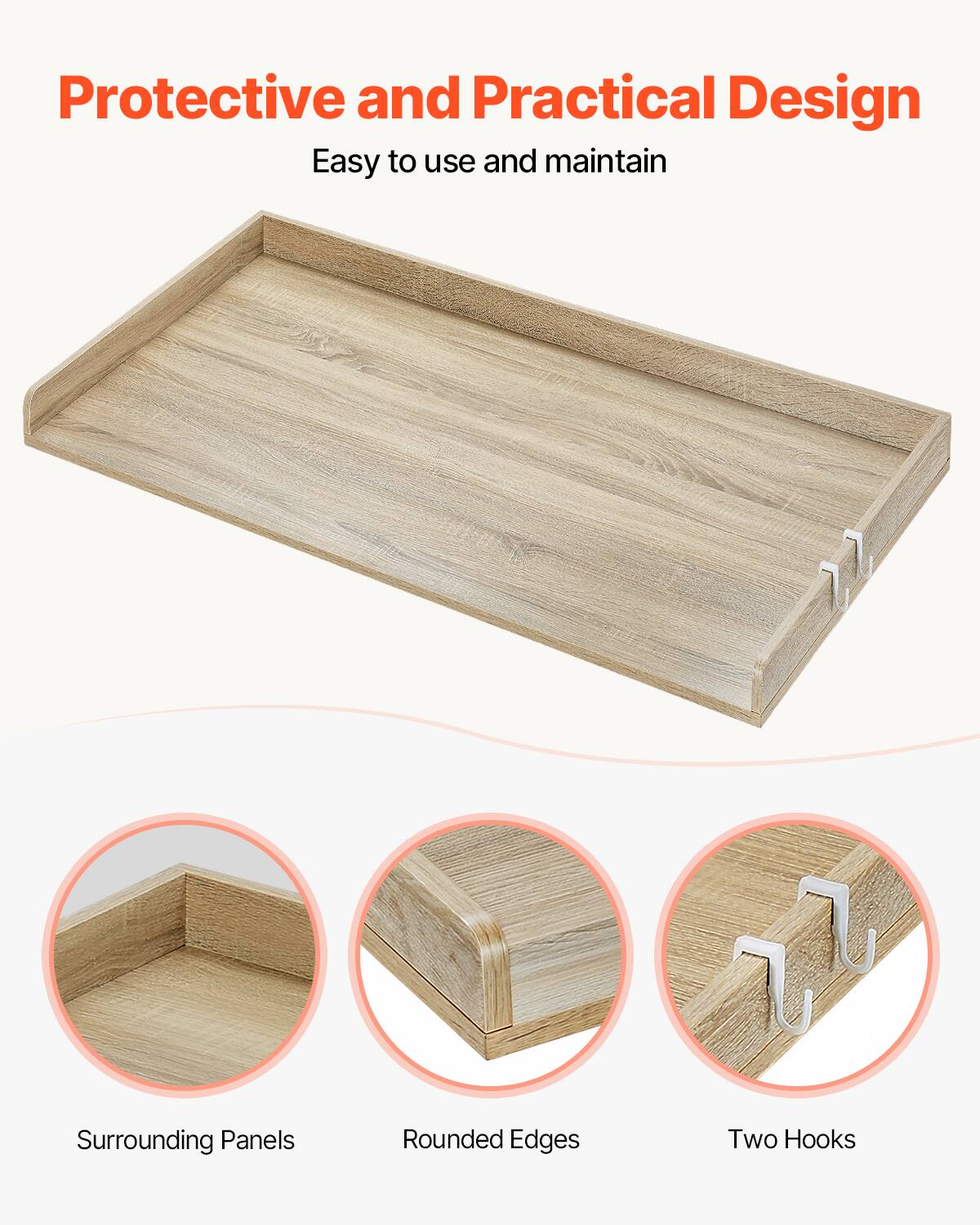 Protective and Practical Design  
Easy to use and maintain  

Surrounding Panels  
Rounded Edges  
Two Hooks