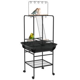 Pawhut - Bird Stand with Wheels, Perches, Stainless Steel Feed Bowls, Pull-Out Tray, Toy Hanger, Indoor Outdoor Parrot - Gray