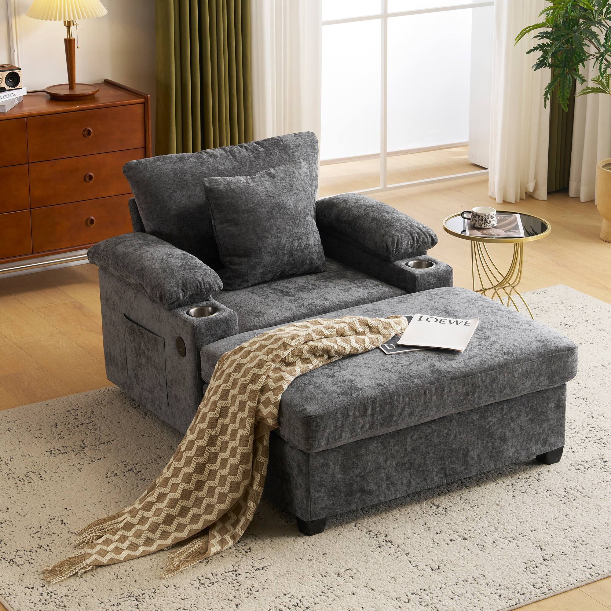 Alt View 1. Ecooso - Oversized Chair with Ottoman, Chenille Fabric Sofa Bed, Accent Chair with Cupholders and USB Charging Ports - Dark Gray.