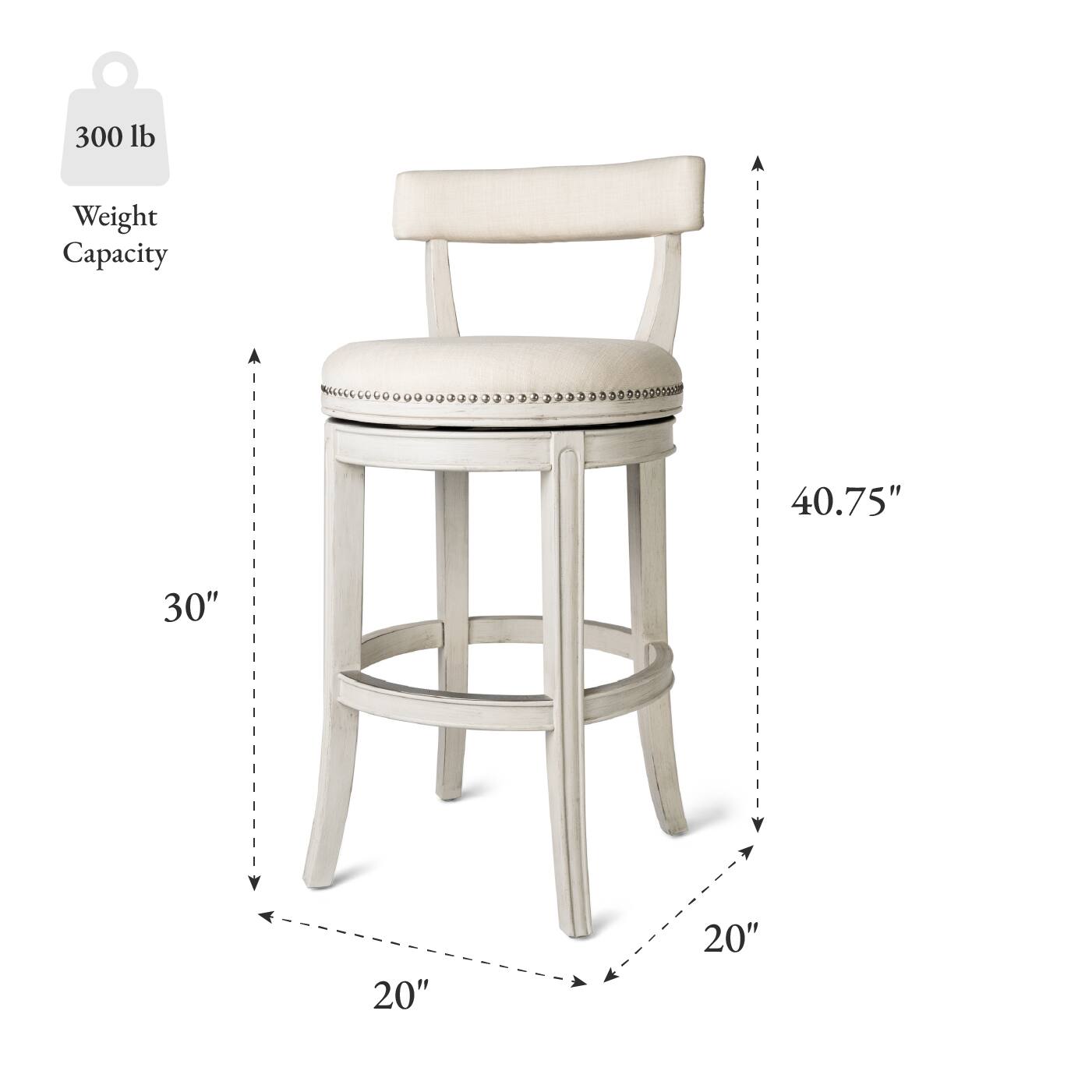 300 lb Weight Capacity, 40.75" H, 30" W, 20" D, 20" Seat Height