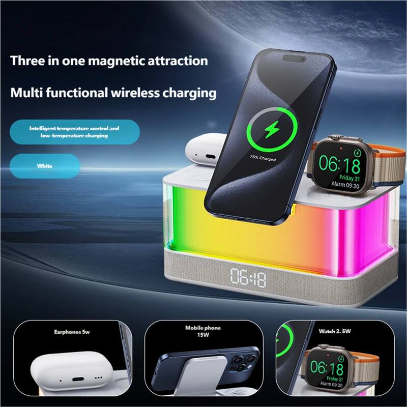 Three in one magnetic attraction  
Multi functional wireless charging  
Intelligent temperature control and low-temperature charging  
White  

75% Charged  
06:18  
Friday 21  
Alarm 09:30  

Earphones 5W  
Mobile phone 15W  
Watch 2.5W  

06:18  
Friday 21  
Alarm 09:30