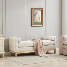 Ropilly - Boucle End of Bed Bench Upholstered Entryway Daybed with Natural Wood Frame and Bolster Pillows - Ivory