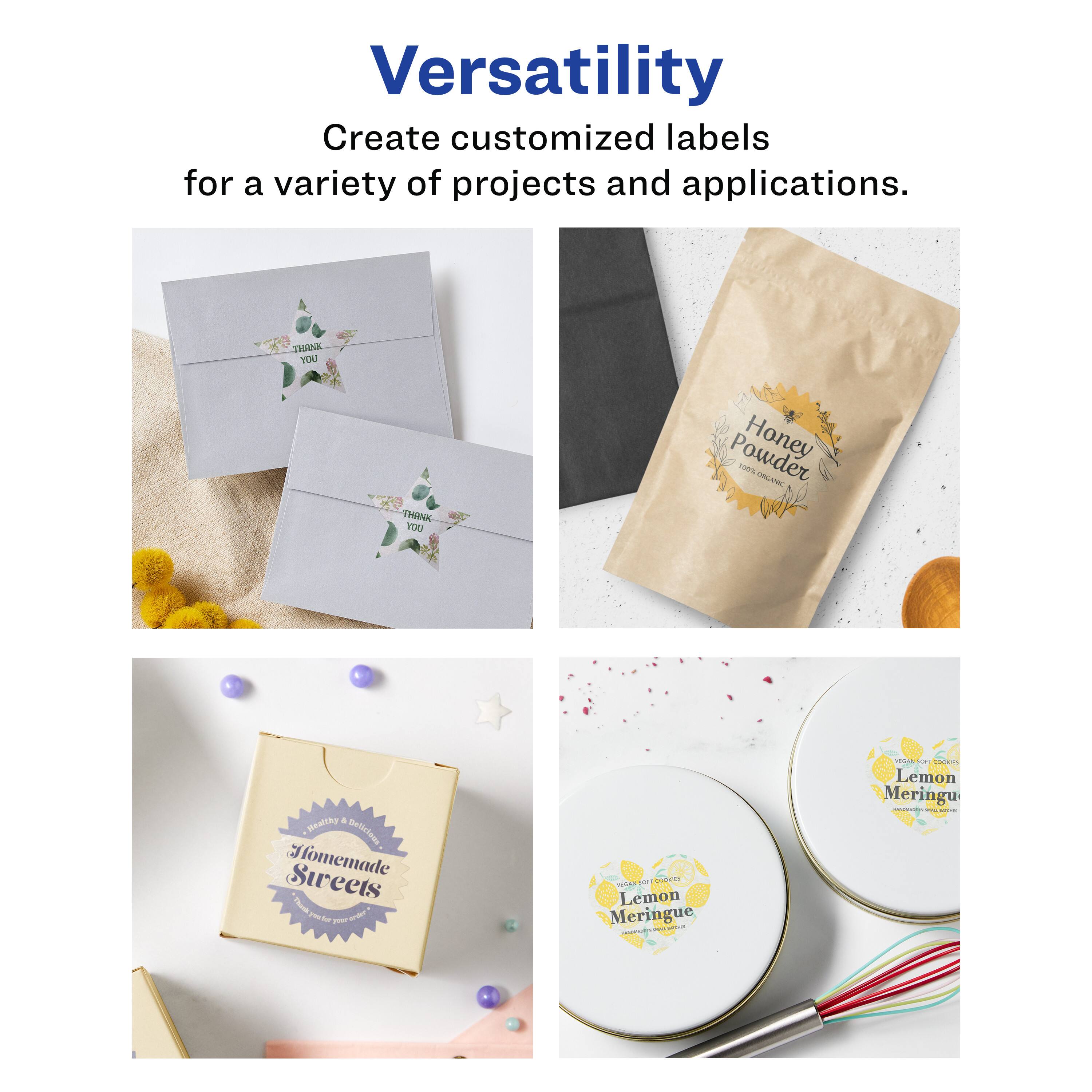 Versatility  
Create customized labels for a variety of projects and applications.

- Thank You
- Honey Powder
- Homemade Sweets
- Lemon Meringue