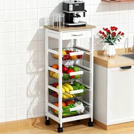 Homcom - Rolling Kitchen Cart on Wheels with Drawer and 4 Wire Baskets - White