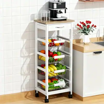 Front. Homcom - Rolling Kitchen Cart on Wheels with Drawer and 4 Wire Baskets White - White.