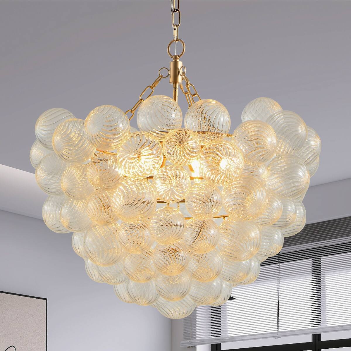 Angle. Loheer - Loheer Gold Pendant Light Chandelier with Threaded Clear Glass Globe Shade, Adjustable Height.