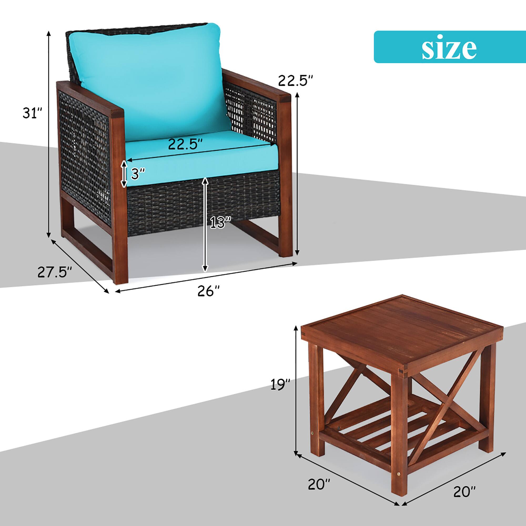 - Chair:
  - Height: 31"
  - Width: 26"
  - Depth: 27.5"
  - Seat Height: 3"
  - Seat Depth: 13"
  - Seat Width: 22.5"
  - Back Height: 22.5"

- Table:
  - Height: 19"
  - Width: 20"
  - Depth: 20"