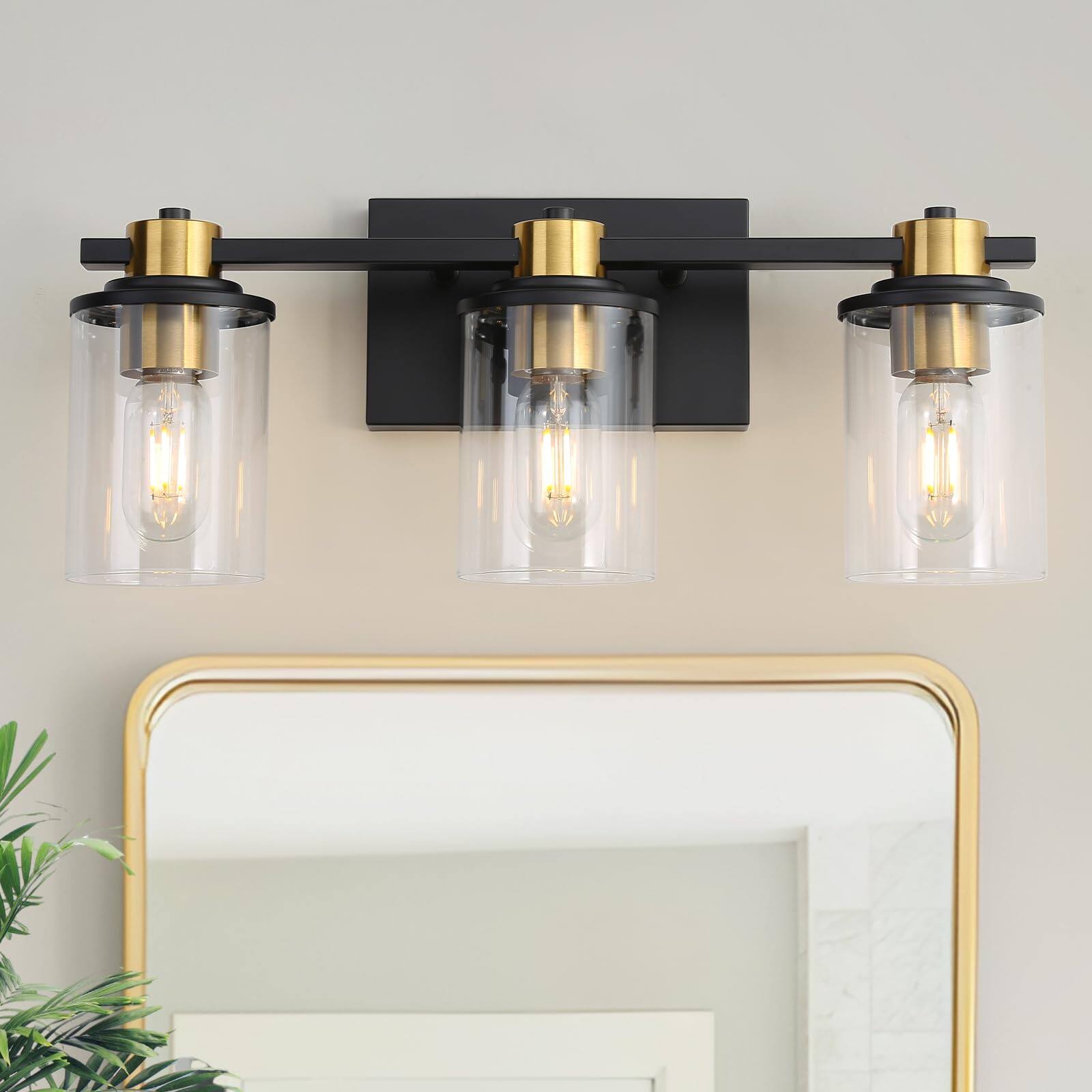 Left. Dazzling Pops - Bathroom Lighting Fixtures And Light Vanity Over Mirror With Clear Glass Shades Brushed Socket Wall For Bed - Black and Gold 3 Light.