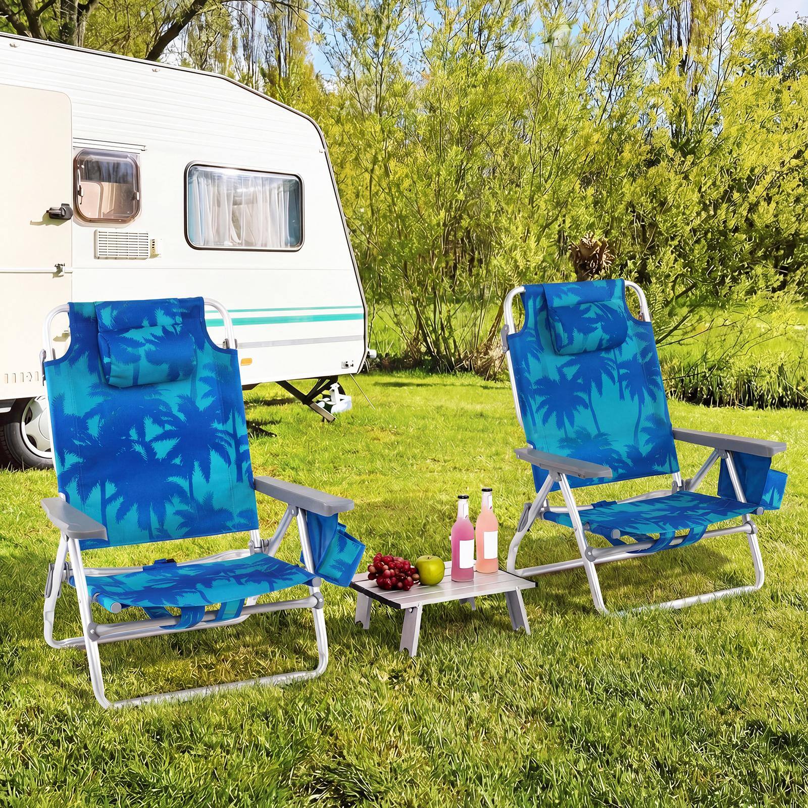 Alt View 3. Costway - Costway 3 PCS Outdoor Camping Set 2 Folding Lightweight Beach Chairs & 1 Portable Aluminum Side Table - Navy.