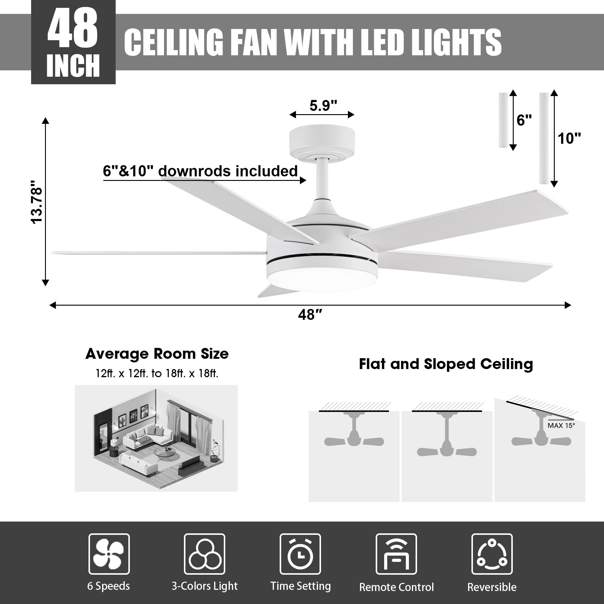 48 INCH CEILING FAN WITH LED LIGHTS

- 5.9" x 6" x 10" x 13.78"
- 6" & 10" downrods included
- 48" Average Room Size: 12ft. x 12ft. to 18ft. x 18ft.
- Flat and Sloped Ceiling MAX 15°
- 6 Speeds
- 3-Colors Light
- Time Setting
- Remote Control
- Reversible