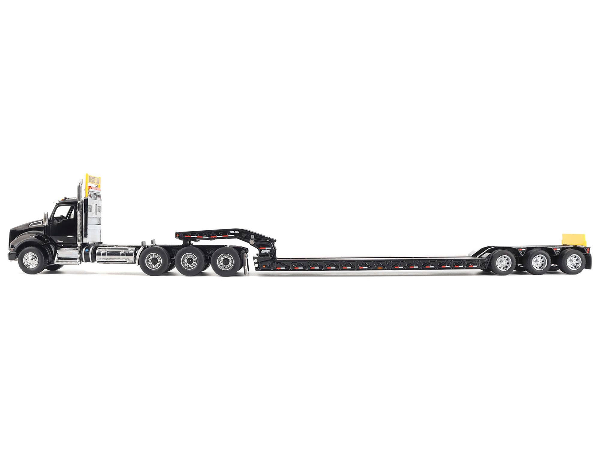 Angle. Diecast Masters - Kenworth T880 SBFA Tridem Truck with Trail King HDG Lowboy Trailer Black "Transport Series" 1/50 Diecast - Multicolor.