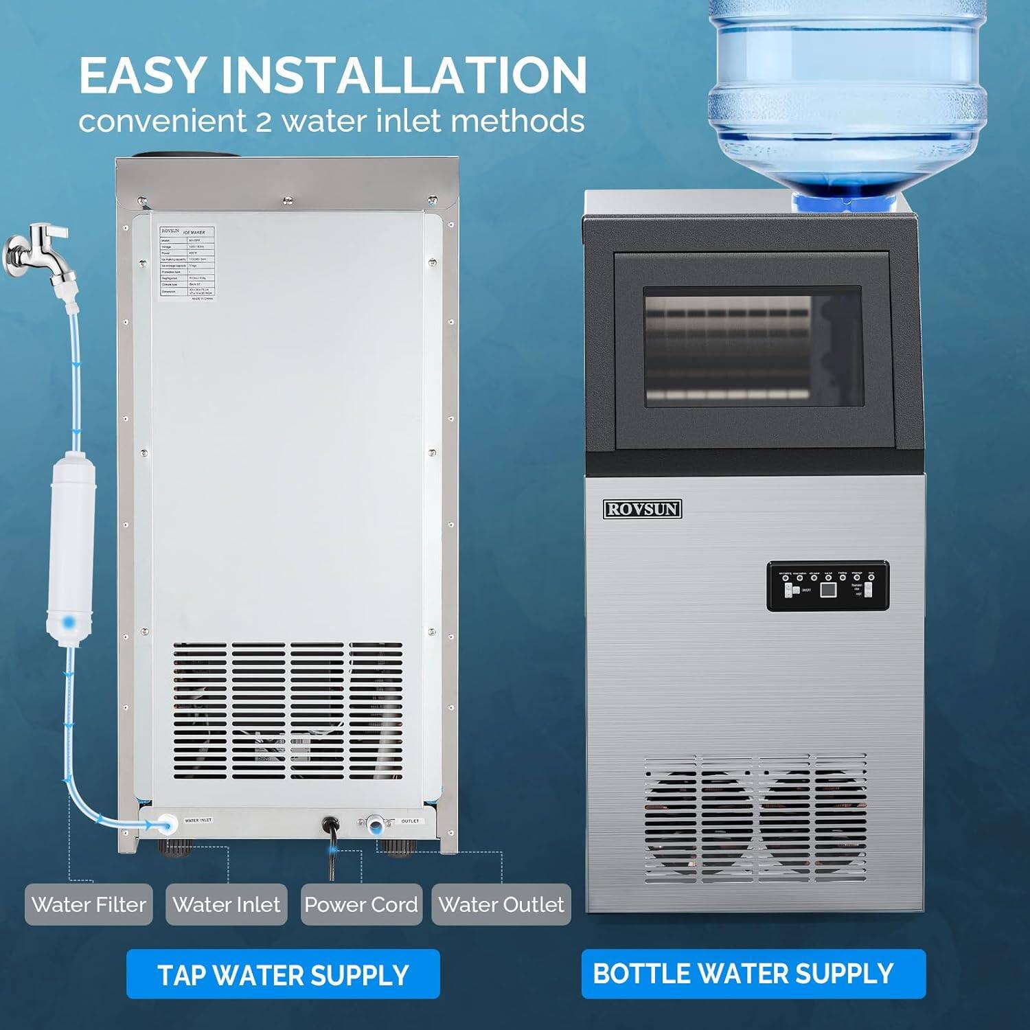 EASY INSTALLATION  
convenient 2 water inlet methods  

ROYSUN Water Filter  
Water Inlet  
Power Cord  
Water Outlet  

TAP WATER SUPPLY  
BOTTLE WATER SUPPLY