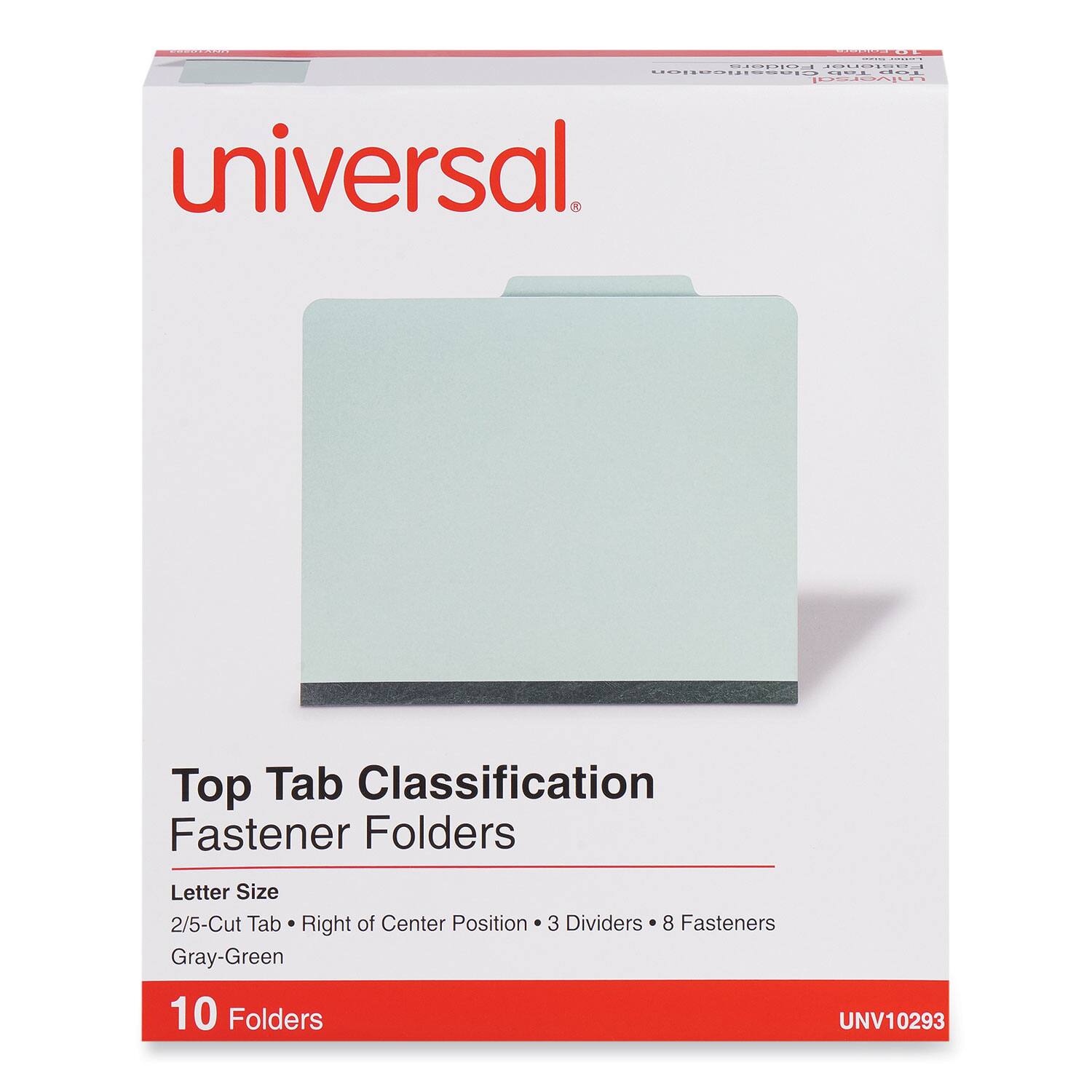 Universal  
Top Tab Classification Fastener Folders  
Letter Size  
2/5-Cut Tab • Right of Center Position • 3 Dividers • 8 Fasteners  
Gray-Green  
10 Folders  
UNV10293