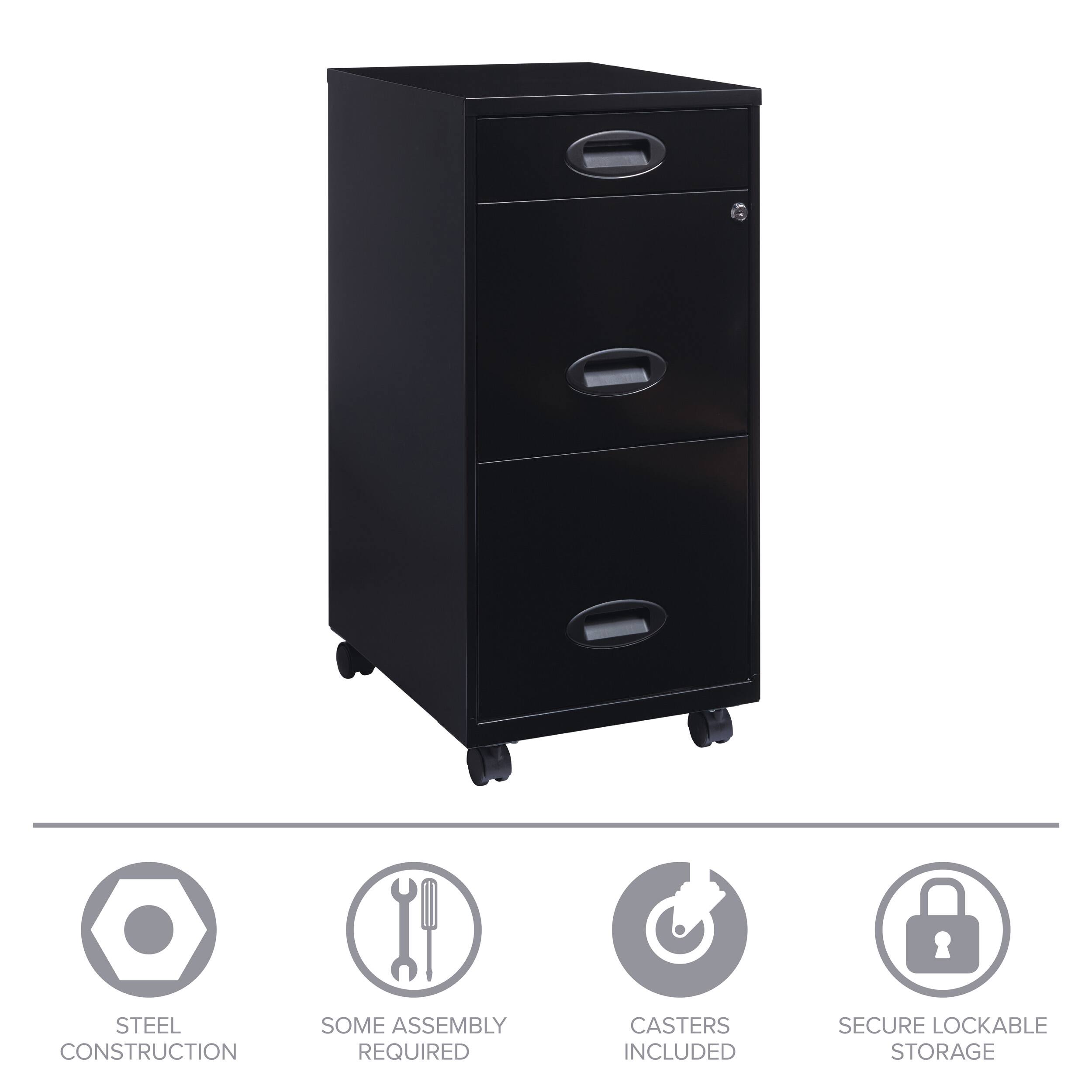 STEEL CONSTRUCTION  
SOME ASSEMBLY REQUIRED  
CASTERS INCLUDED  
SECURE LOCKABLE STORAGE