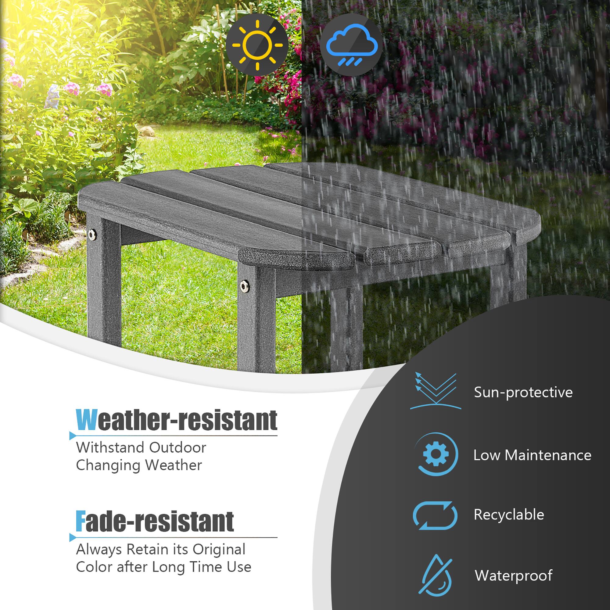 Weather-resistant, Withstand Outdoor Changing Weather, Sun-protective, Low Maintenance, Fade-resistant, Always Retain its Original Color after Long Time Use, Recyclable, Waterproof.