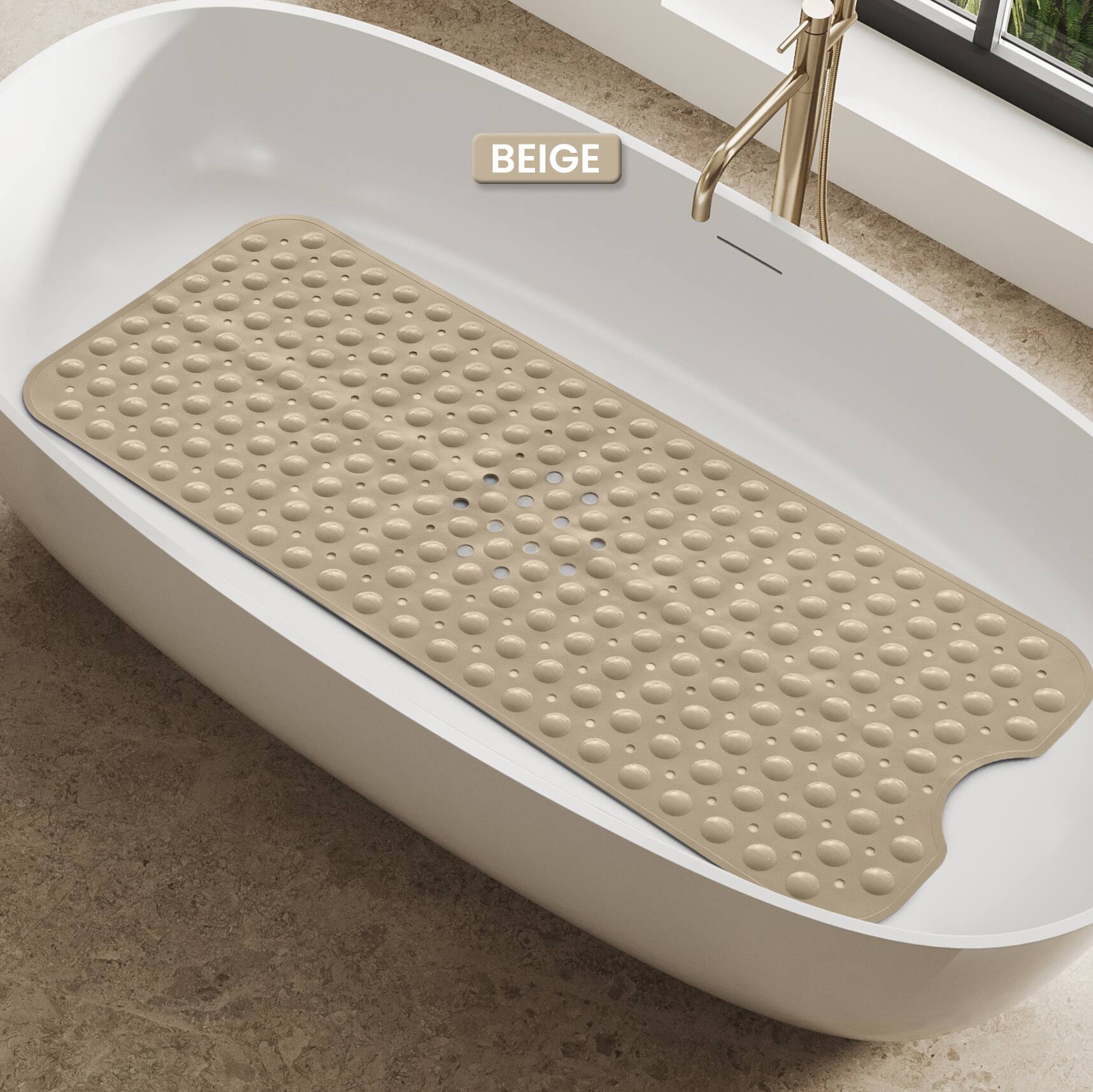 Front. Lux Decor Collection - Bath Tub Mat 40x16 Inch Non-Slip, Quick-Dry Shower Mat with Suction Cups, Machine Washable Bathroom Safety Mat - Beige.