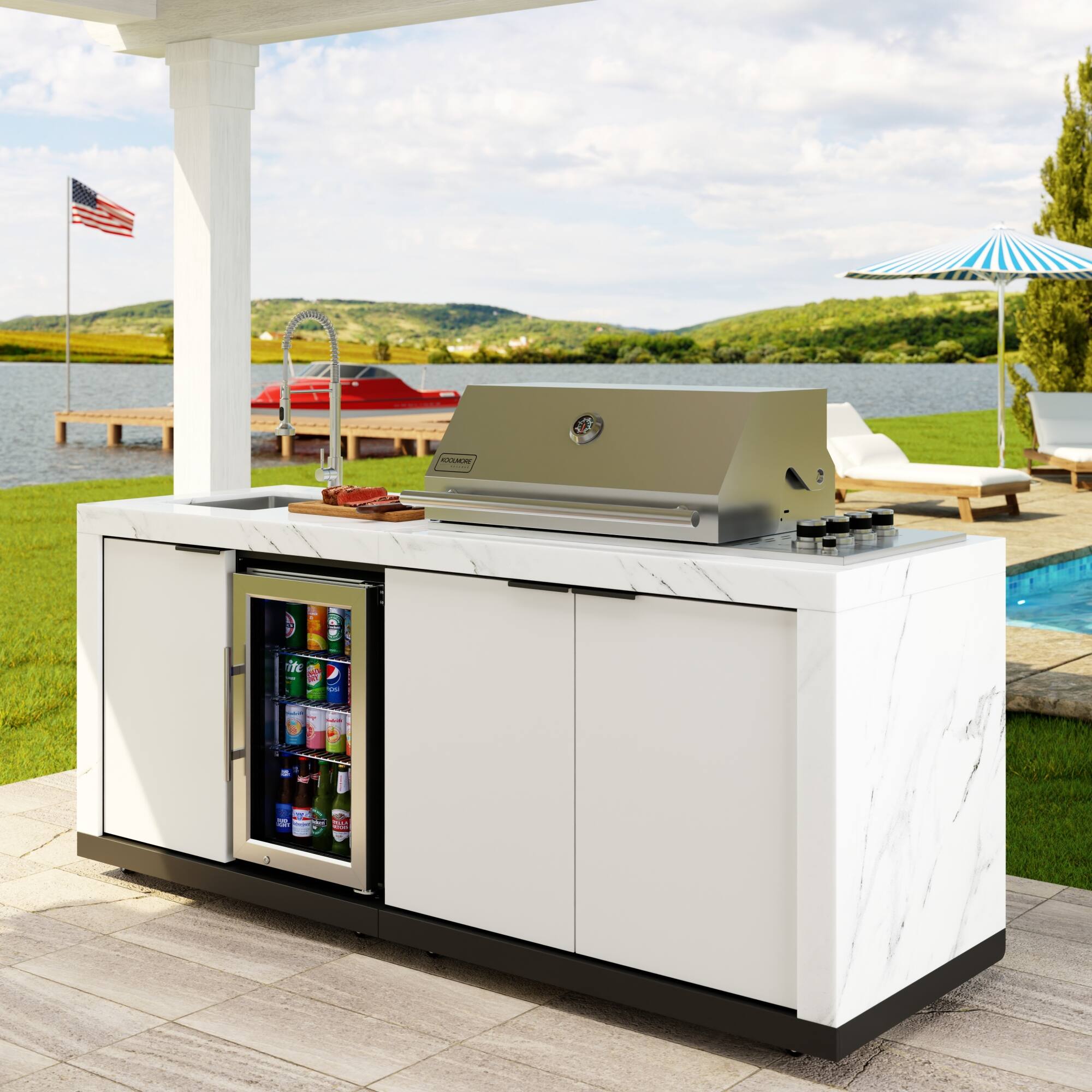 Back. Koolmore - Outdoor Kitchen Suite With White Rock Beam Countertop, 4 Burner Grill, Refrigerator, Cabinet and Stainless Steel Sink - White.