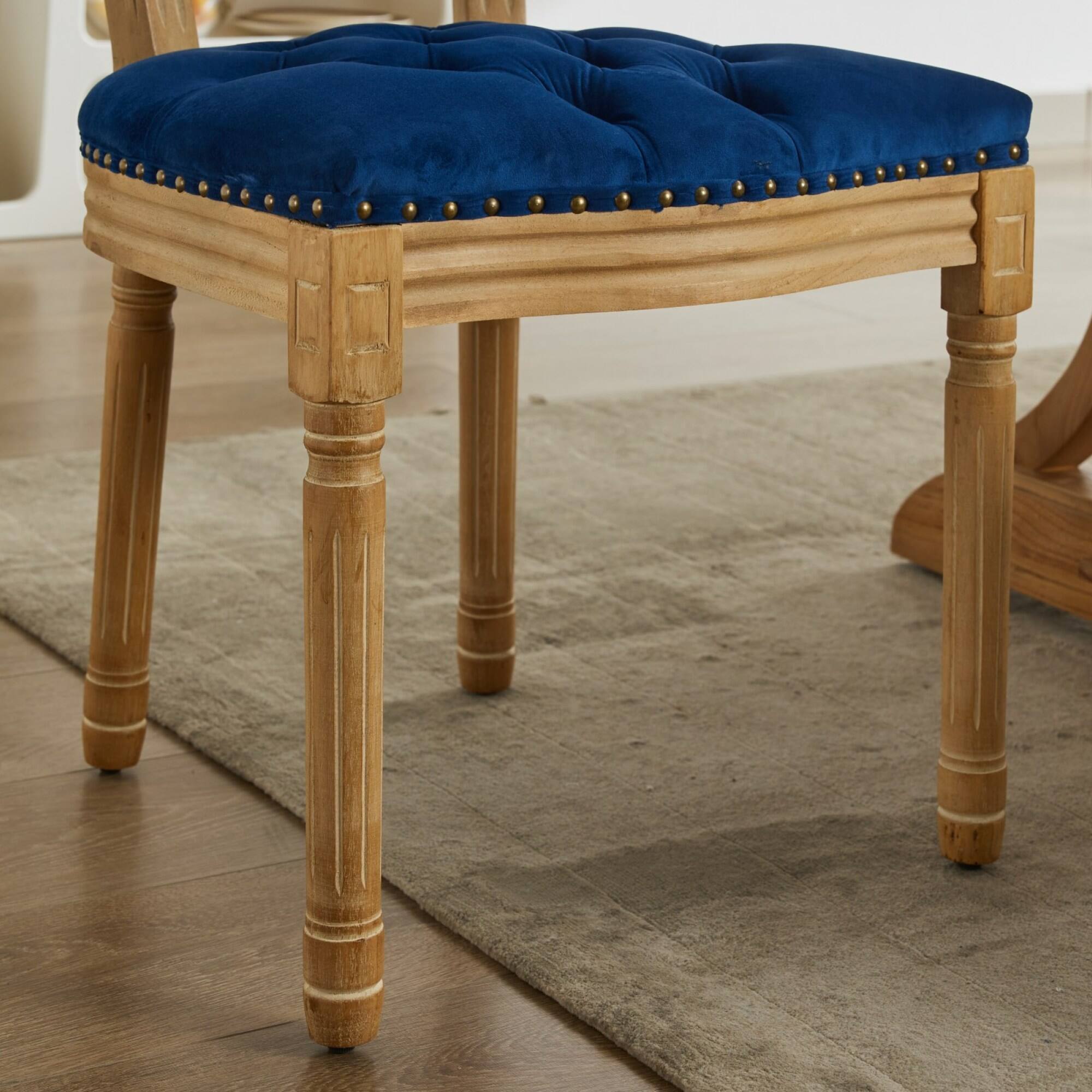 Alt View 9. GOODSILO - French Style Solid Wood Frame Antique Dining Chairs with Hand-Pulled Buckle Decoration and Nailhead Trim, Set of 2 - Blue.