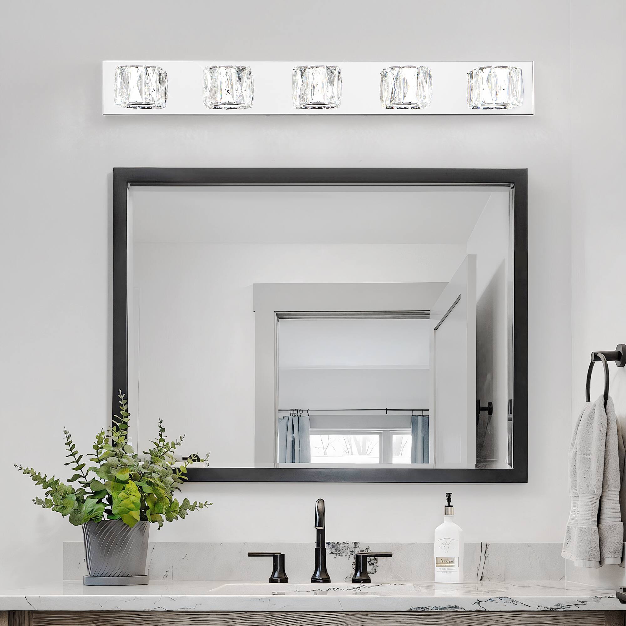 Back. RYHNUYNE - 35-Inch Chrome LED Vanity Light with Five Crystal Shades – Modern Wall-Mounted Fixture for Bathroom, Bedroom.