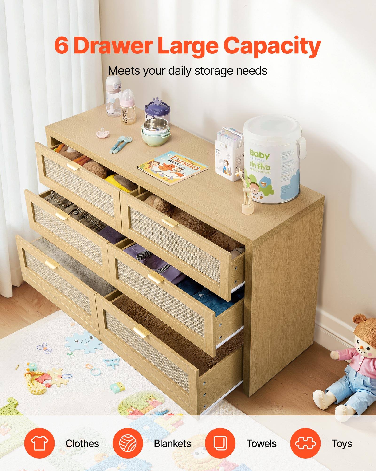 6 Drawer Large Capacity  
Meets your daily storage needs  

Clothes  
Blankets  
Towels  
Toys