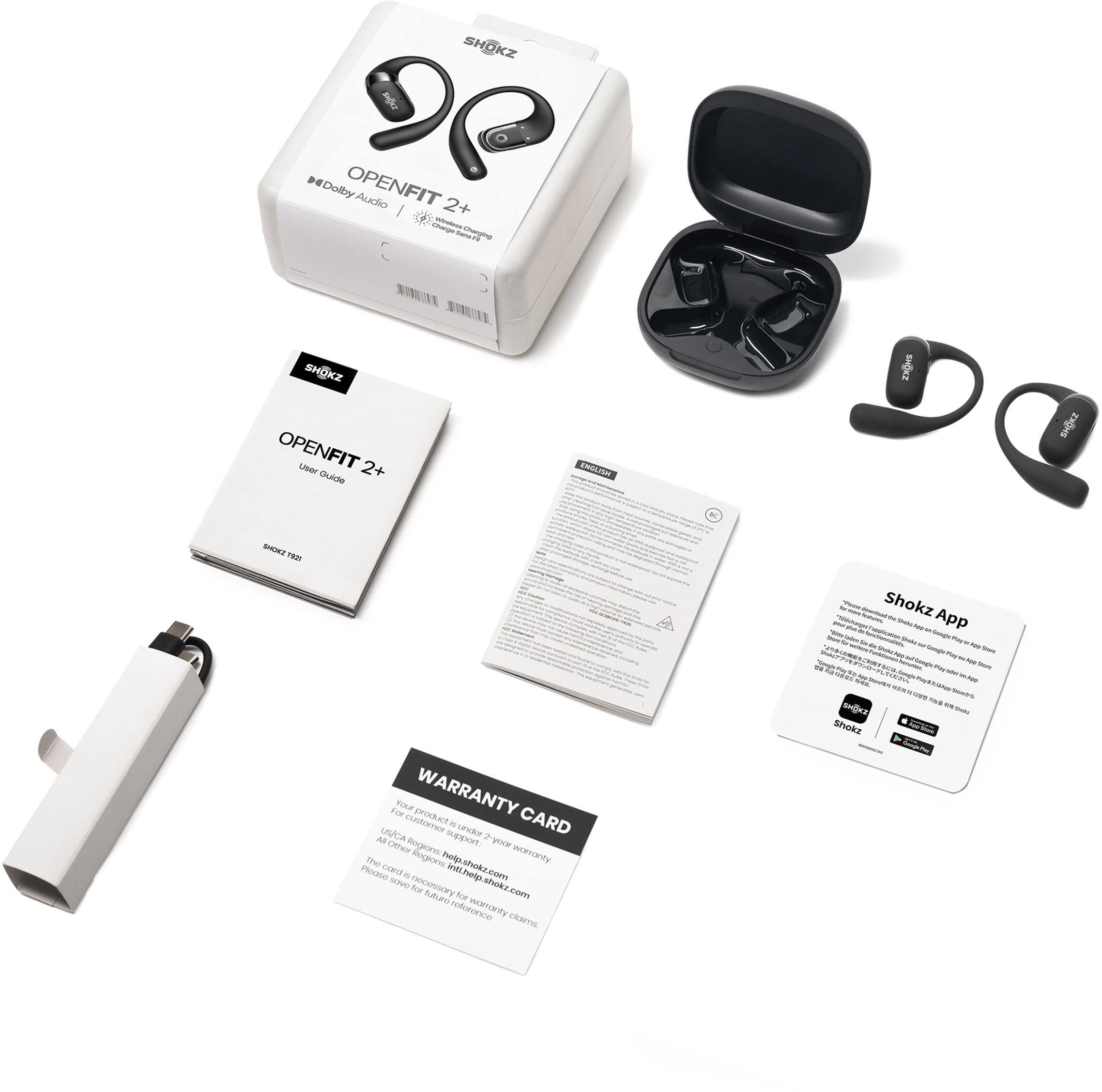 Sure, here is the corrected and grouped text from the image:

---

**SHOKZ OPENFIT 2+**

- **Dolby Audio**
- **Wireless Charging**
- **Clear Ambient Hearing**

**User Guide**

**WARRANTY CARD**

- Your product is under 2-year warranty.
- For warranty service, please visit: [www.shokz.com](http://www.shokz.com)
- For product support, please visit: [help.shokz.com](http://help.shokz.com)
- Please keep this card for future reference.

**Shokz App**

- Download the Shokz App for a better experience.
- Available on the App Store and Google Play.

**ENGLISH**

---

This text is grouped and corrected based on the visible content in the image.