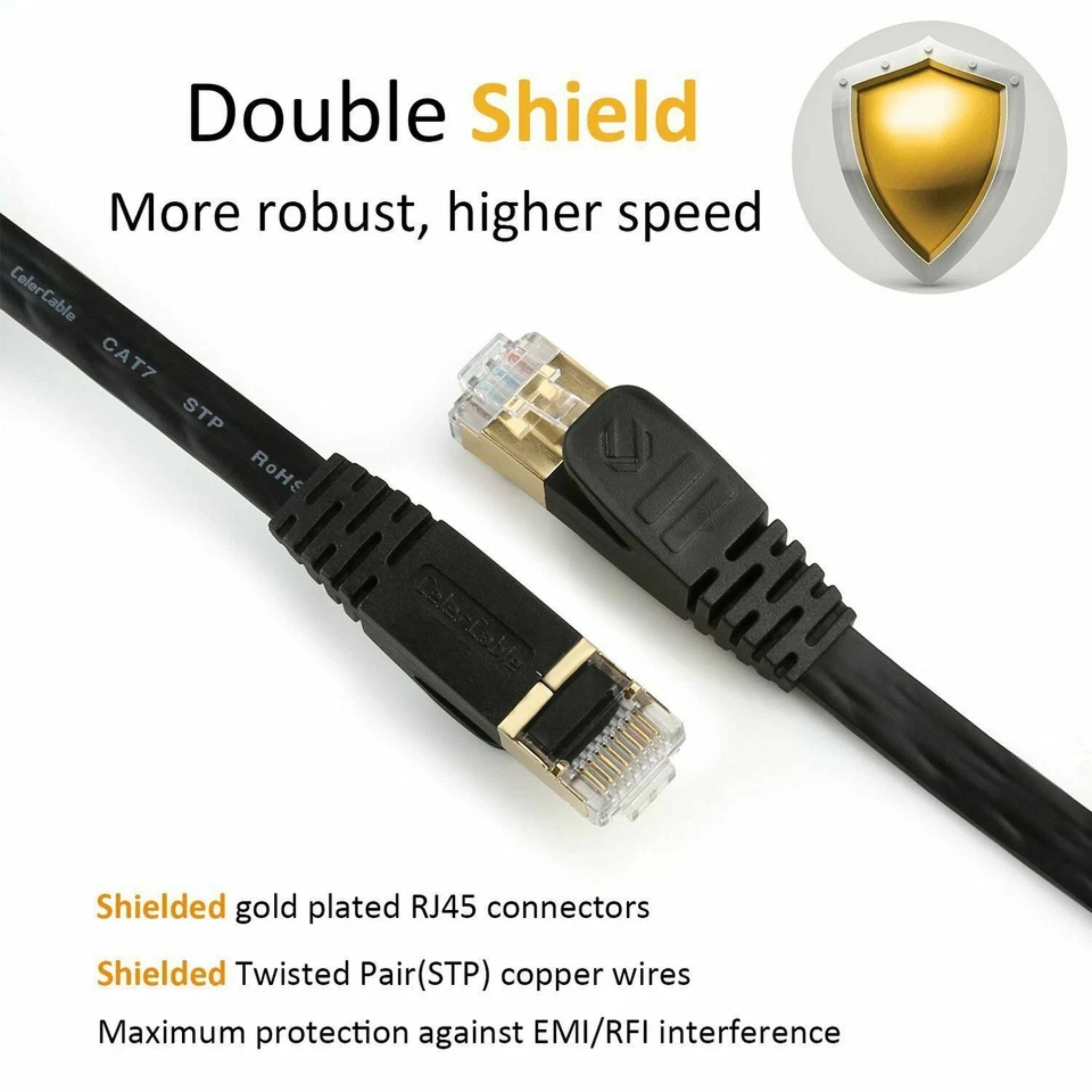 Double Shield  
More robust, higher speed  

CelerCable CAT7 STP ROHS  

Shielded gold plated RJ45 connectors  
Shielded Twisted Pair (STP) copper wires  
Maximum protection against EMI/RFI interference