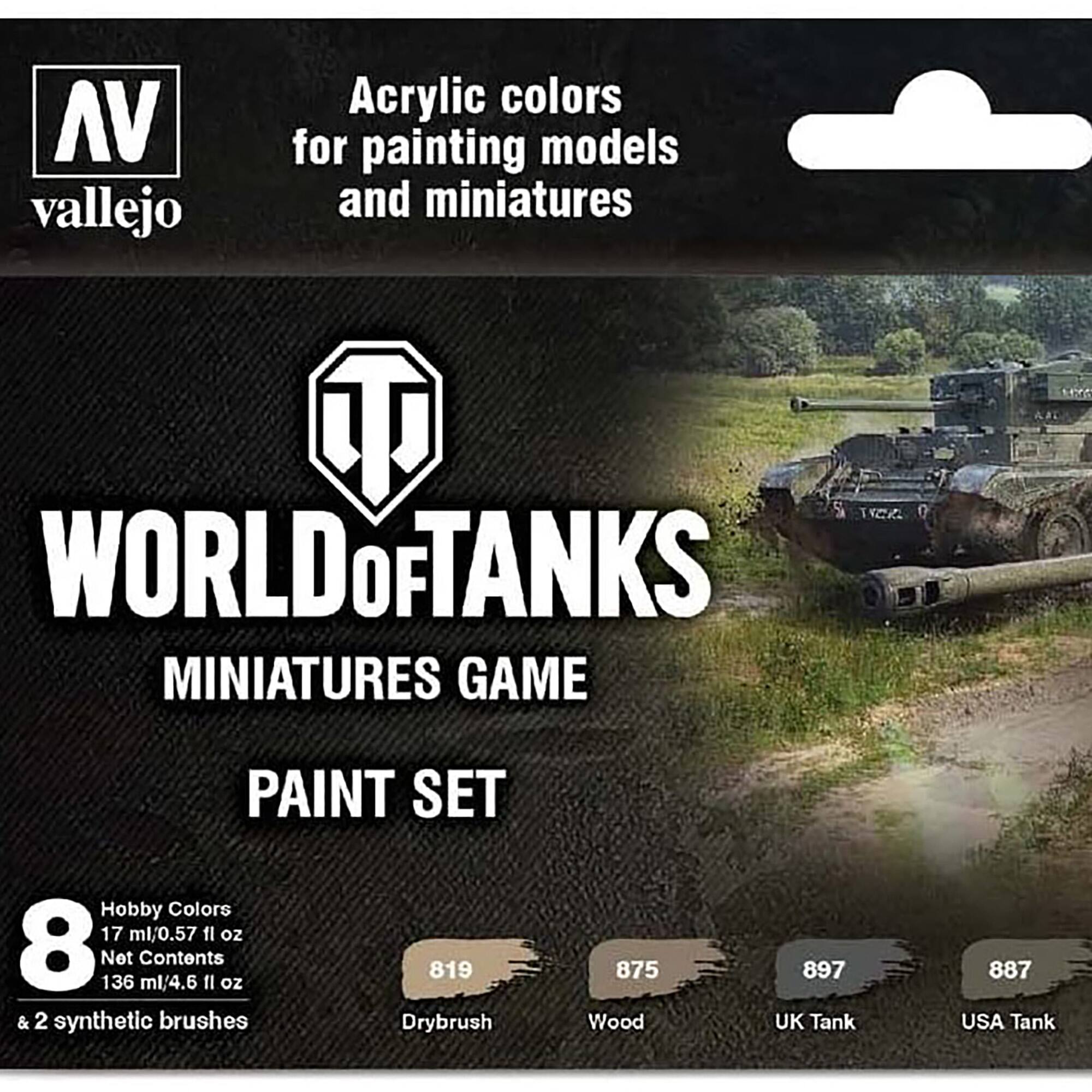 The text on the image reads: "AV Vallejo Acrylic Colors for painting models and miniatures. World of Tanks Miniatures Game Paint Set. Hobby Colors 17 ml/0.57 fl oz. 8 Not 136 Contents ml/4.6 fl oz & 2 synthetic brushes 819 Drybrush 875 Wood 897 UK Tank 887 USA Tank."
