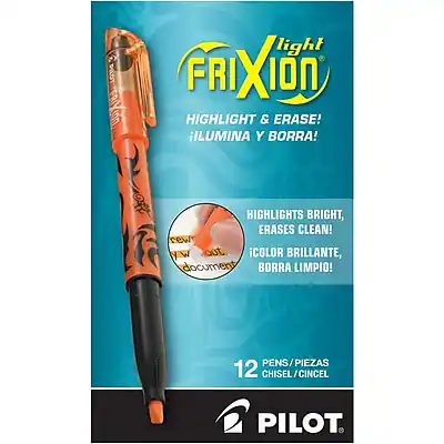 Light FRIXION
HIGHLIGHT & ERASE!
ILUMINA Y BORRA!
HIGHLIGHTS BRIGHT, ERASES CLEAN!
COLOR BRILLANTE, BORRA LIMPIO!
12 PENS / PIEZAS
CHISEL / CINCEL
PILOT