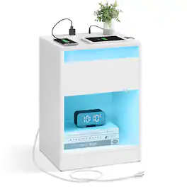 Songmics Home - LED Nightstand with Charging Station, 2 AC Outlets, 2 USB Ports, Bedside Table, Side Table with Drawer, Modern - Cloud White