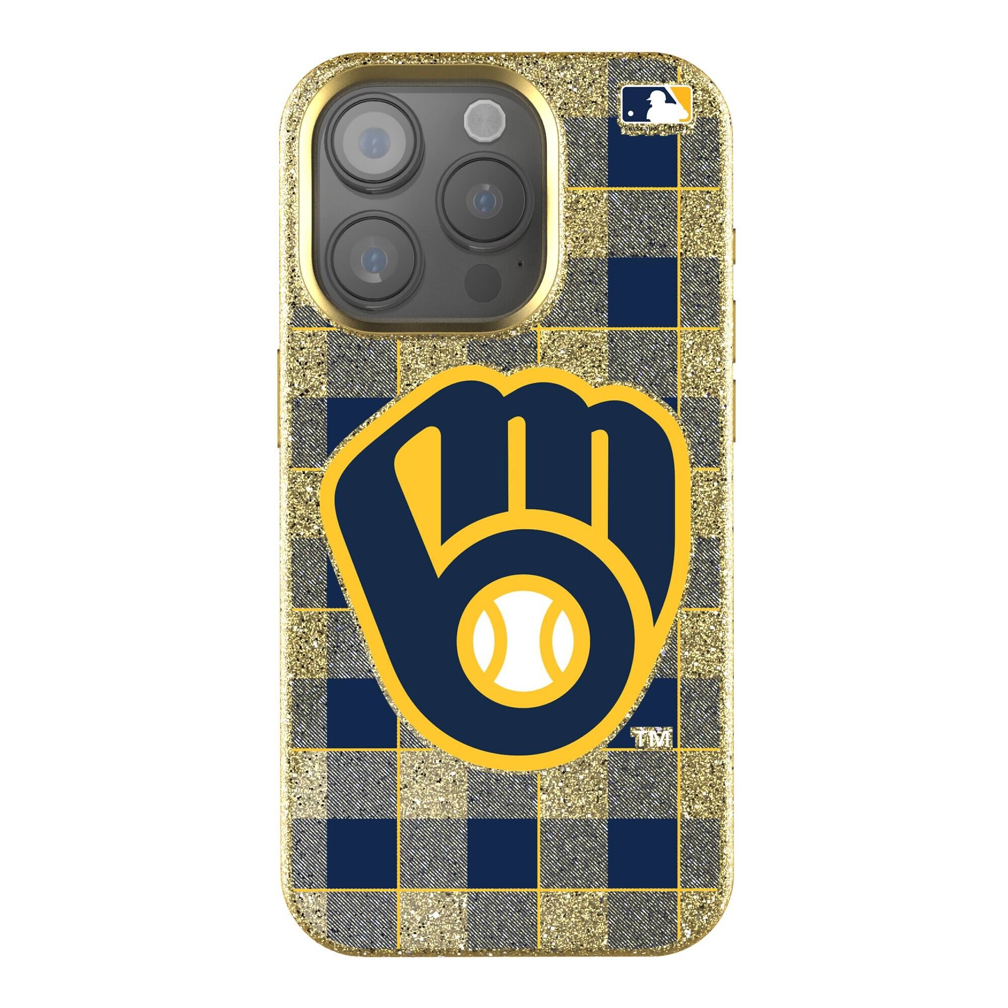 Front. Keyscaper - Plaid Bling iPhone Case - 15 Pro Max - Gold.