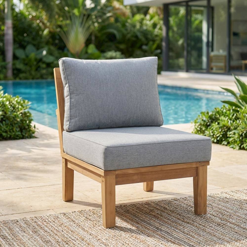 Left. Outdoor Escape - Outdoor Patio Teak Armless Sofa With Cushioned Seat And Back - Gray.