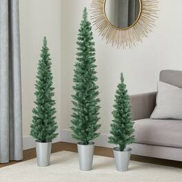 BreeBe - Artificial Mini Xmas Tree Trio – Set of 3 with Decorative Silver Buckets - Green