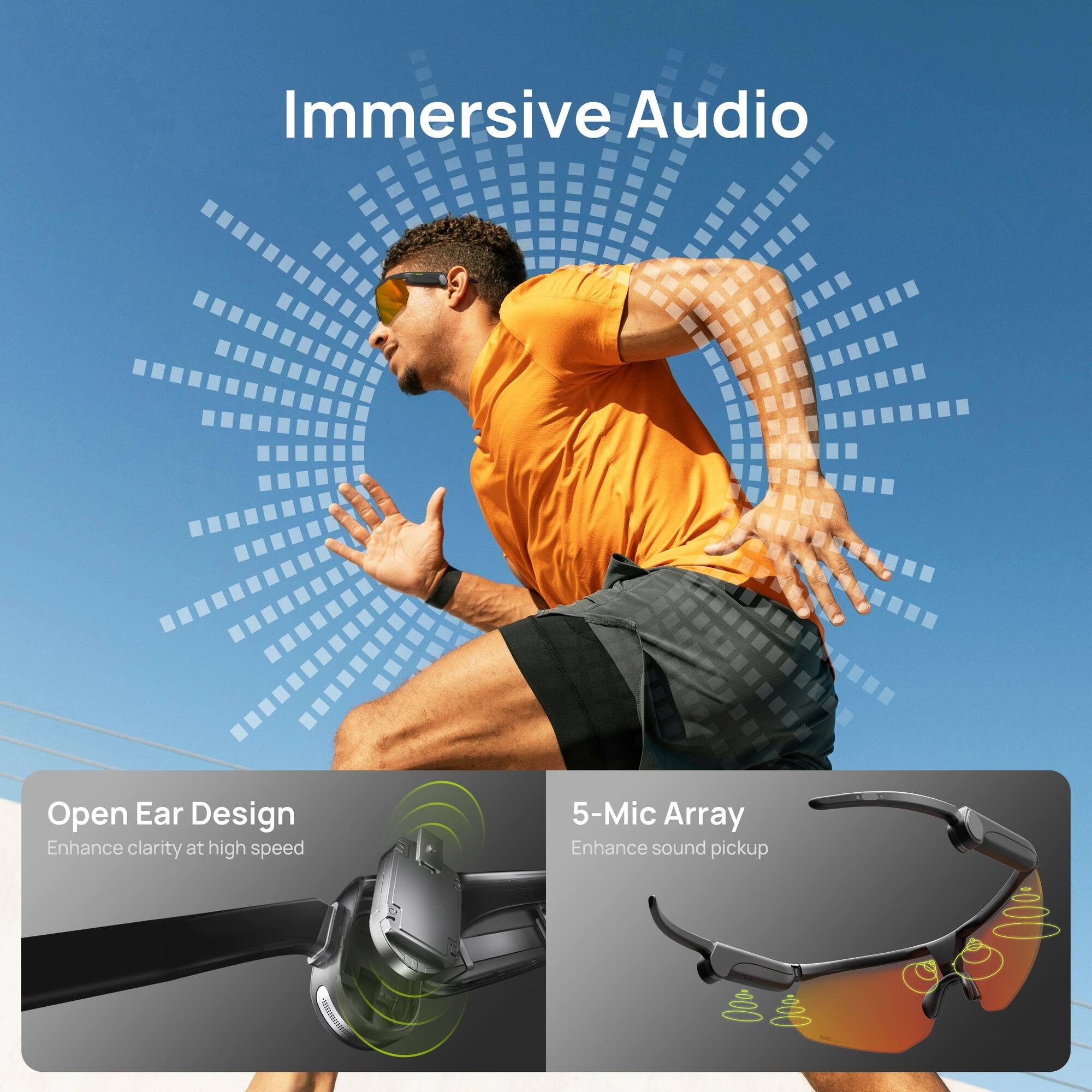 Immersive Audio

Open Ear Design
Enhance clarity at high speed

5-Mic Array
Enhance sound pickup