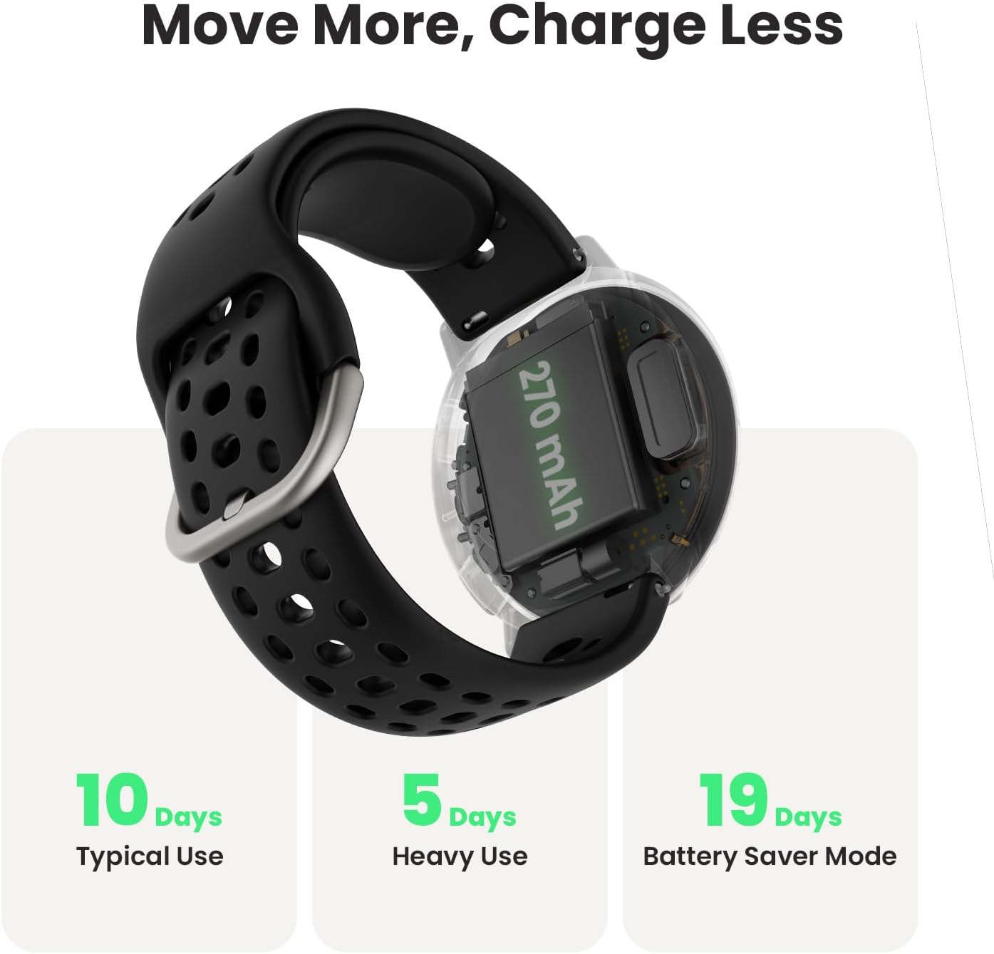 Move More, Charge Less

270 mAh

10 Days Typical Use

5 Days Heavy Use

19 Days Battery Saver Mode