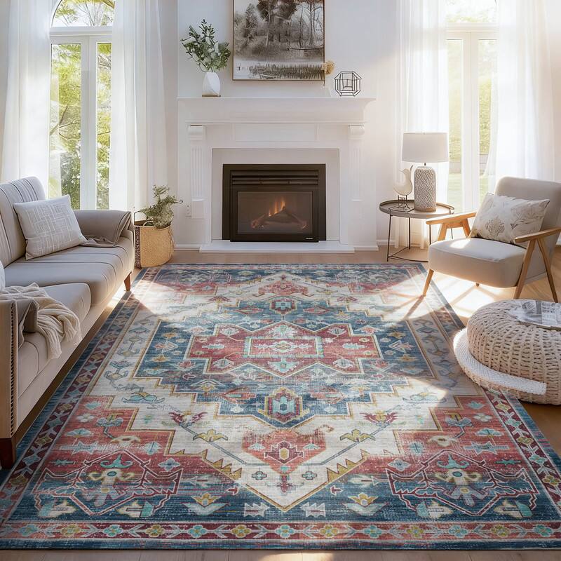 RYHNUYNE - 9x12 Area Rugs Living Room Rug Washable Vintage Boho Rug No Slip Stain Resistant Soft Carpet Indoor Floor Floral Carpets - Painting