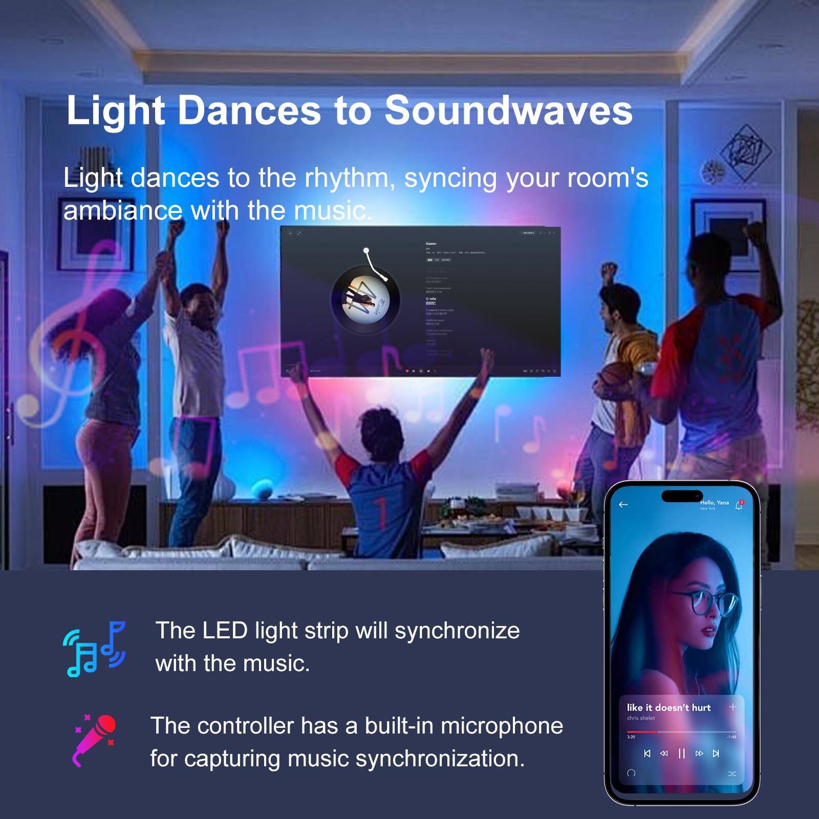 Light Dances to Soundwaves

Light dances to the rhythm, syncing your room's ambiance with the music.

The LED light strip will synchronize with the music.

The controller has a built-in microphone for capturing music synchronization.