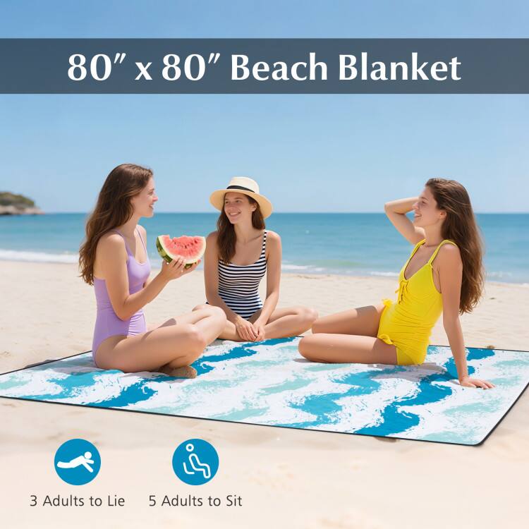 80" x 80" Beach Blanket

3 Adults to Lie
5 Adults to Sit