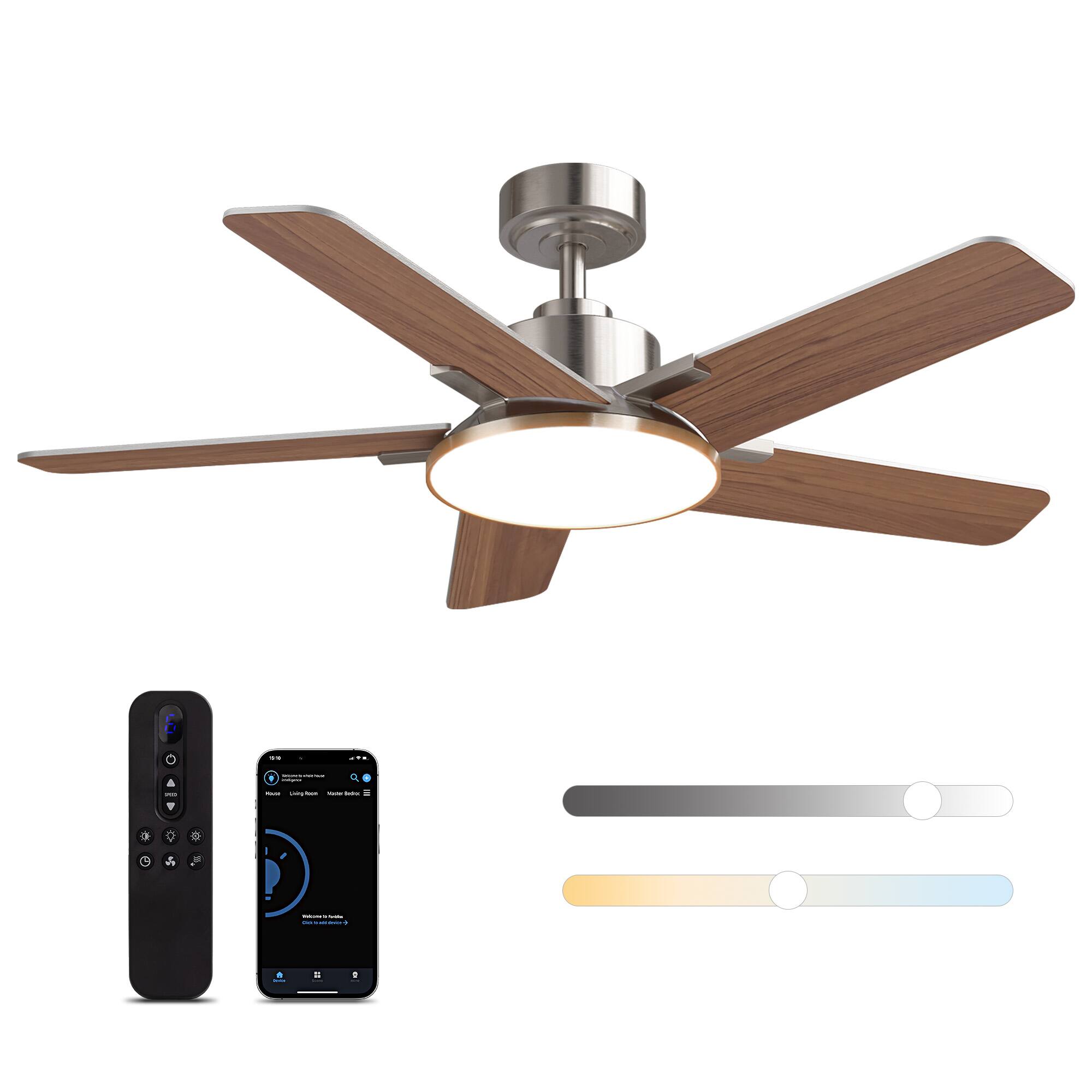 Left. Siljoy - 44-in Nickel Ceiling Fan with LED Light and Remote Control Include (5 Blades) For Bedroom Living Room and kitchen - Nickel.