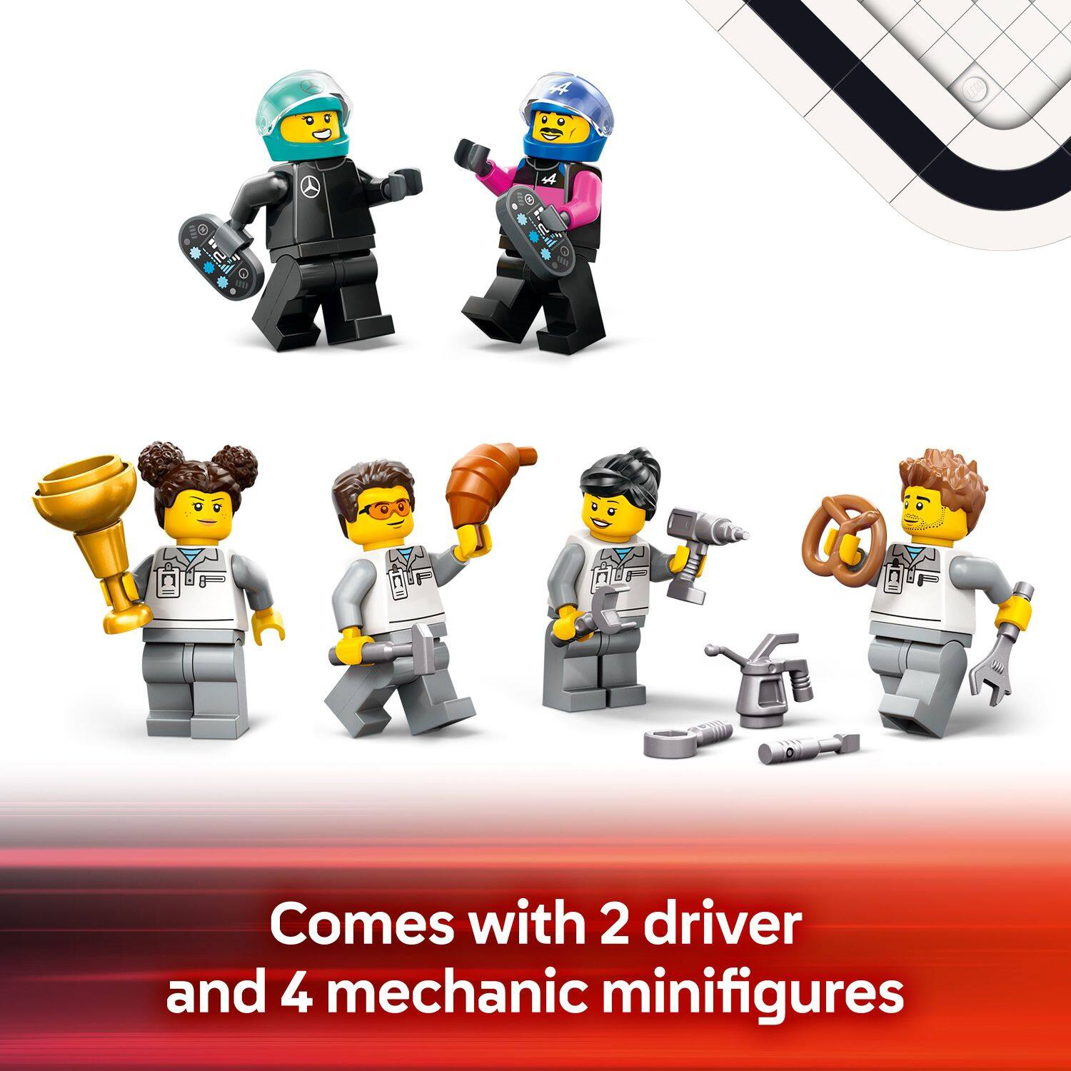 Comes with 2 driver and 4 mechanic minifigures.