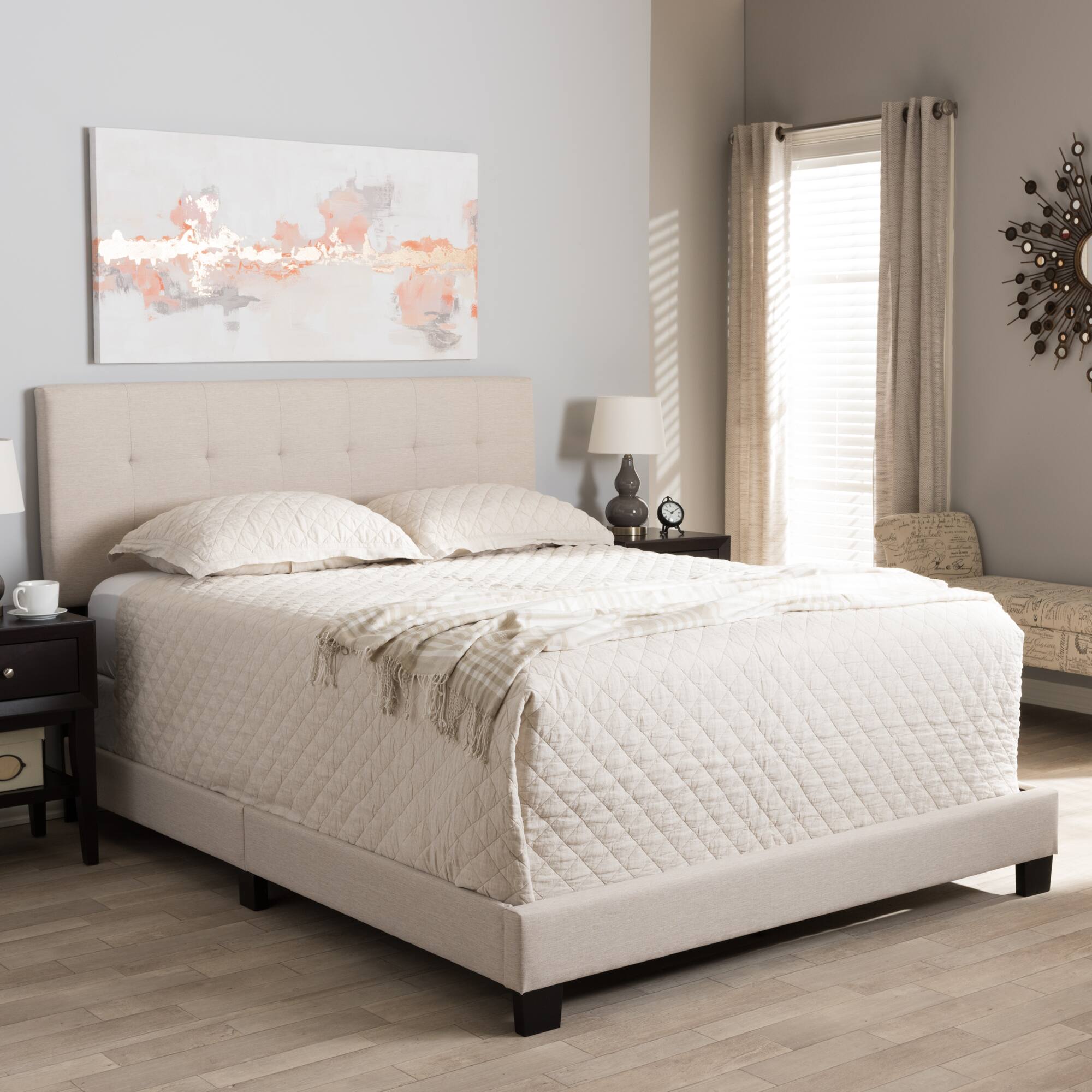 Alt View 1. Baxton Studio - Brookfield Modern and Contemporary Fabric Upholstered Grid-tufting Bed - Beige.